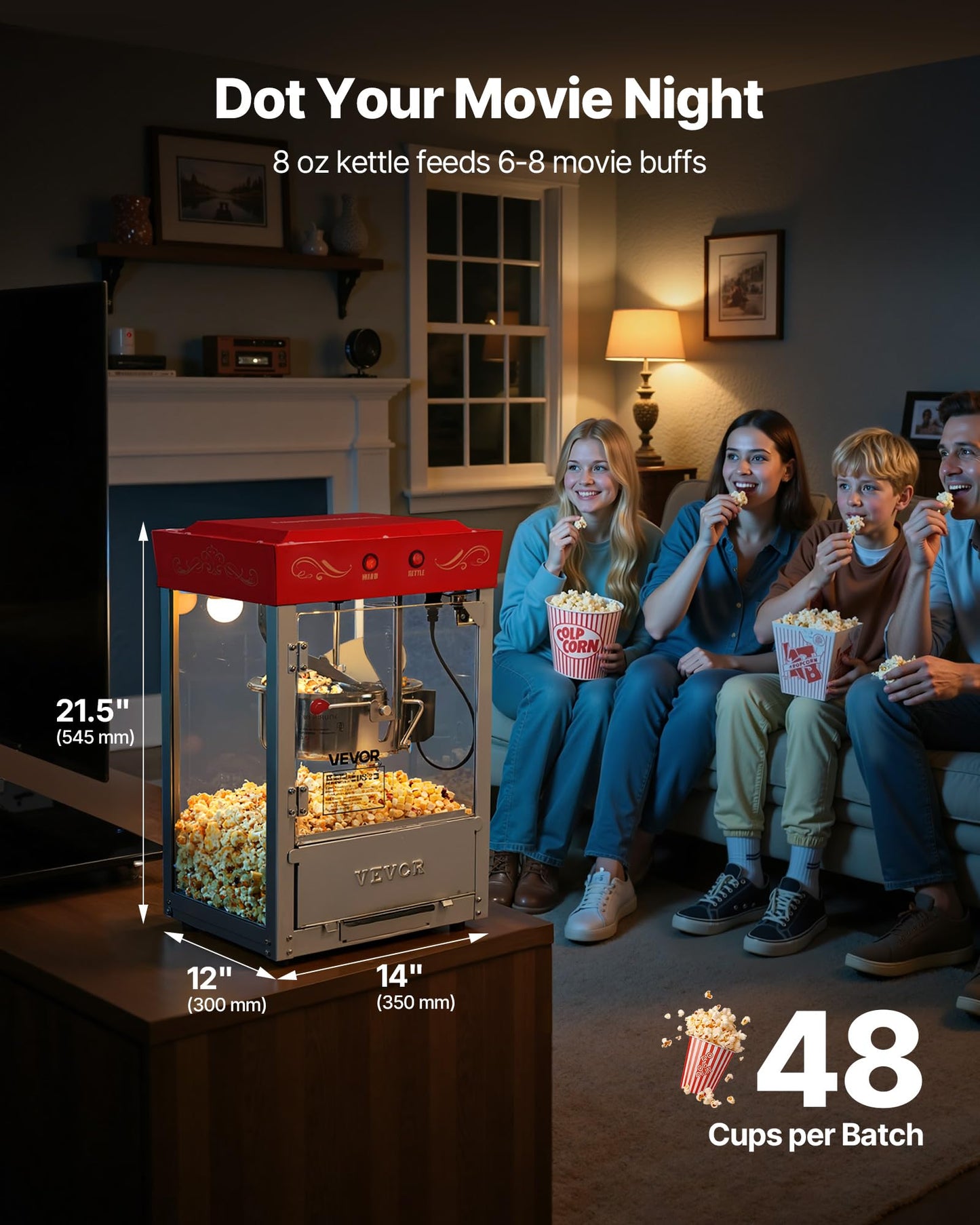 VEVOR Popcorn Machine, 8oz Stainless Steel Kettle, 800W Commercial Countertop Popcorn Maker, 48 Cups per Batch Theater Style Popper, with 2-Button Control Glass Wall PC Door 1 Scoop 3 Spoons, Red
