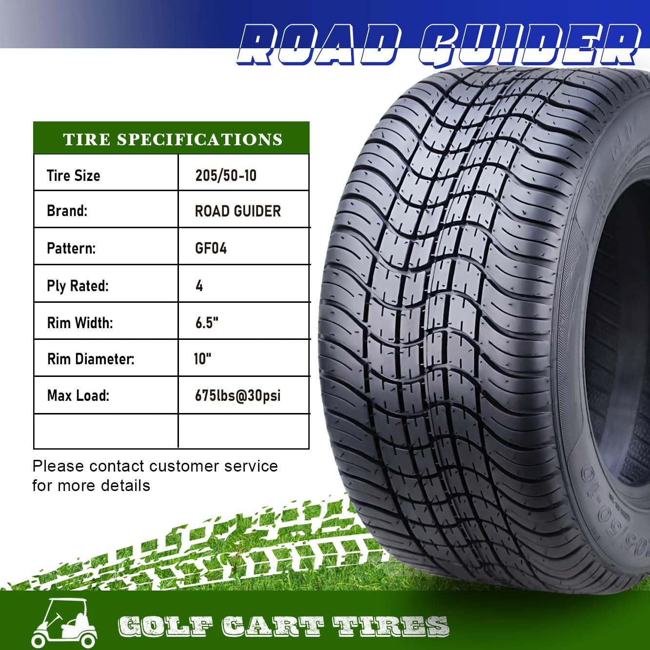 ROADGUIDER 205/50-10 Golf Cart ATV Tires 4 Ply 205/50x10 -Set 4-14002