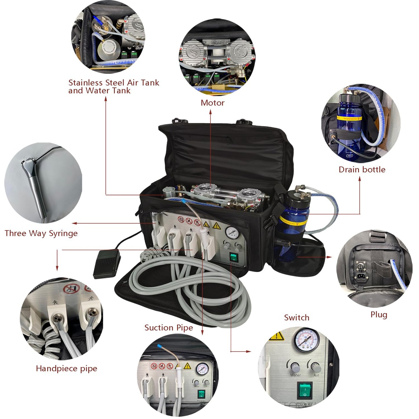 Portable Veterinary Dental Delivery Unit with Air Compressor and Suction System for Dental Veterinary Clinic, 4H