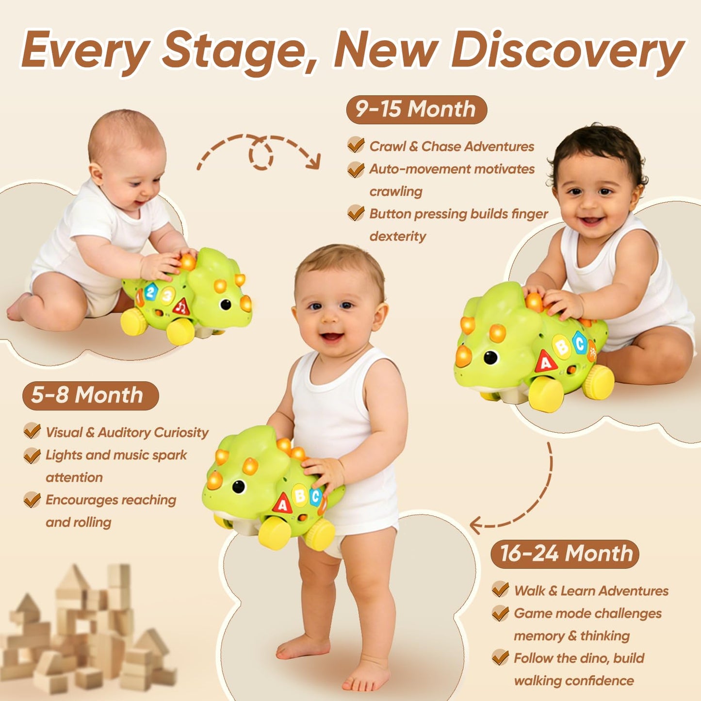 Seozio Dinosaur Baby Musical Toys, Dinosaur Tummy Time Toy with Musical for Kids, Early Learning Educational Crawling Toys Gifts for Toddlers Ages 1-3.