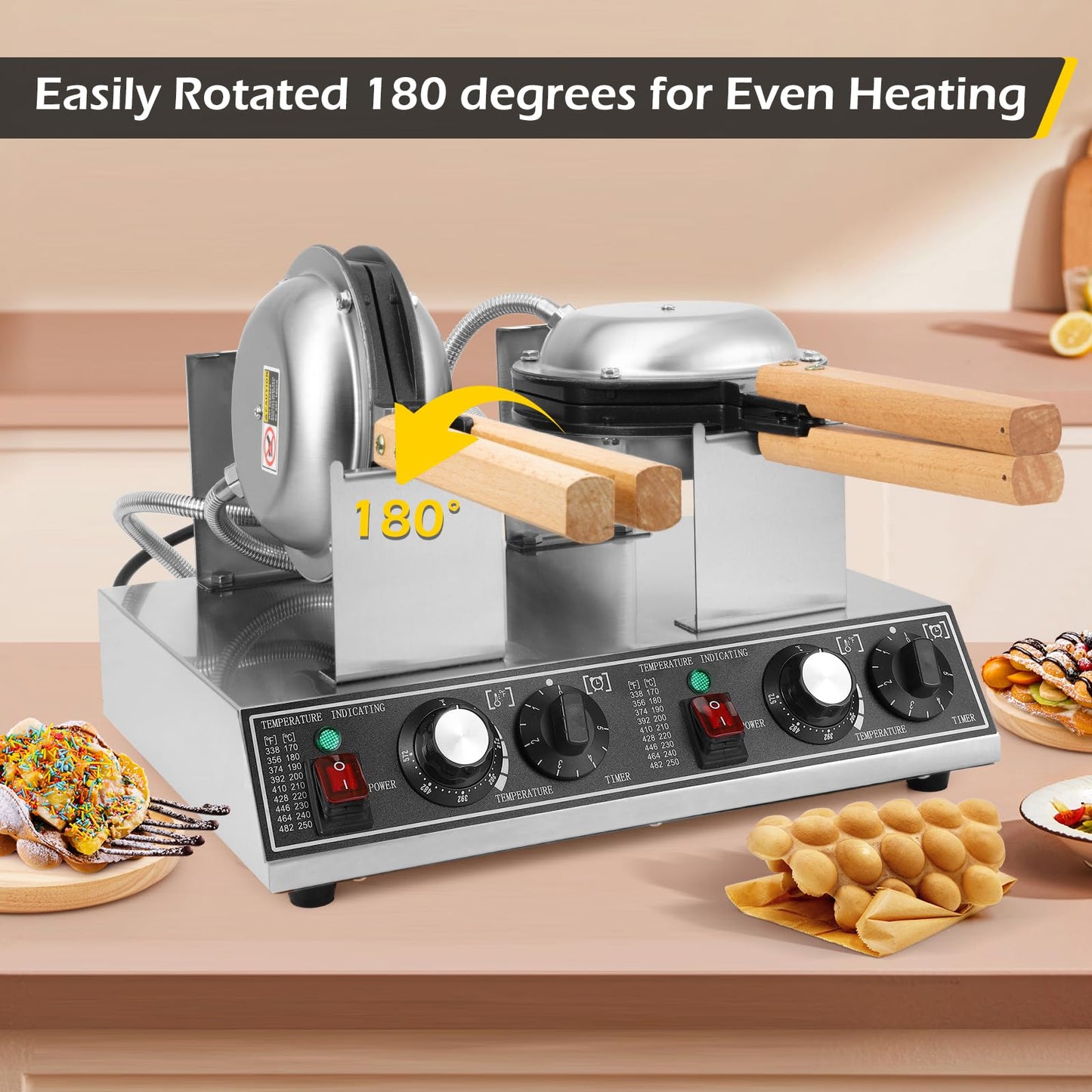 Dyna-Living Bubble Waffle Maker Commercial Double-head Egg Puff Waffle Maker, 1400W & 1400W Non-stick Hong Kong Bubble Waffle Machine, 180° Rotating, Non-stick Coating, Dual Temperature Control