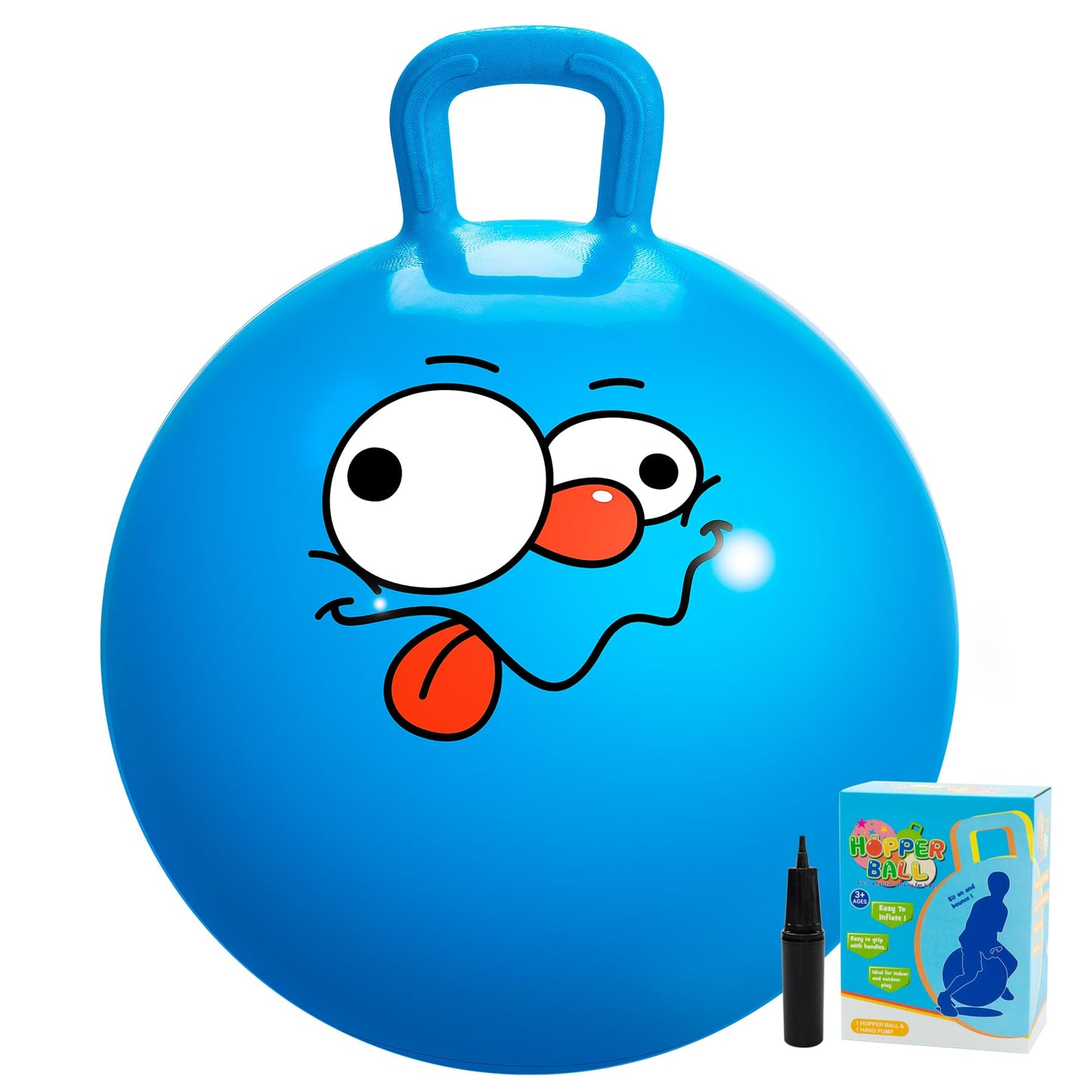 U&C Planet Hopper Ball, 22 inches Bouncy Ball with Handle for Kids Age 7-12, Hoppity Hop Sit and Bounce Jumping Hopping Toy with Pump & Gift Box, Great Gift for Birthday Christmas, Blue Emoji