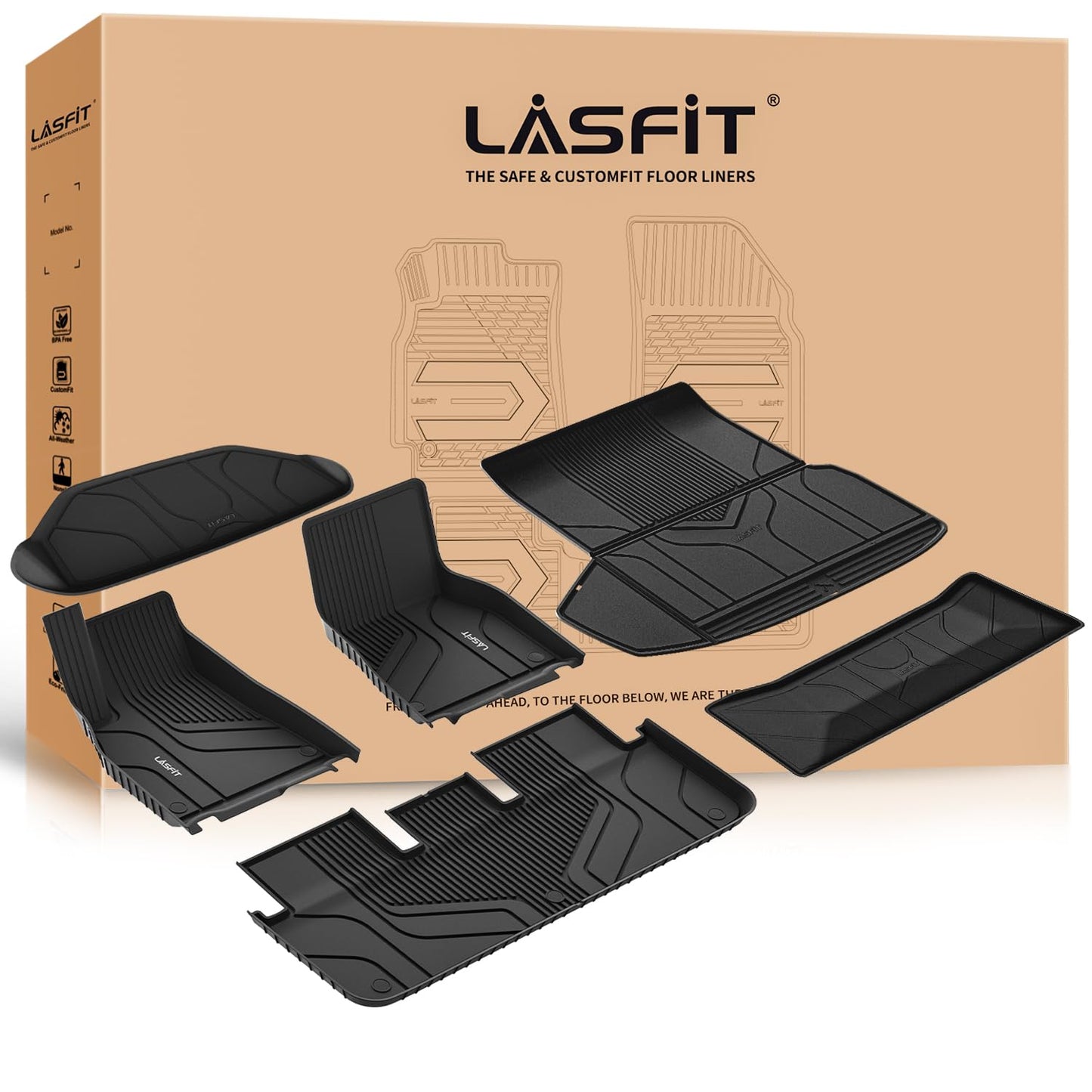 LASFIT Floor Mats & Trunk Mats for Tesla Model S 2021-2025 2026 (Include Plaid Model), All Weather TPE Custom Fit 1-3 Rows & Cargo Liners Full Set Car Mats Accessories, Black