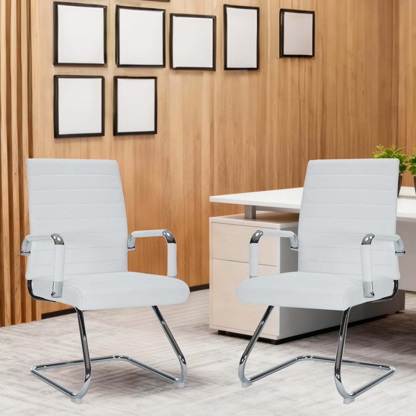 Sidanli Desk Chair No Wheels, Leather Guest Chair with Mid Back Ergonomic Support & Sled Base for Office Reception Conference Room, 2 Pack, White
