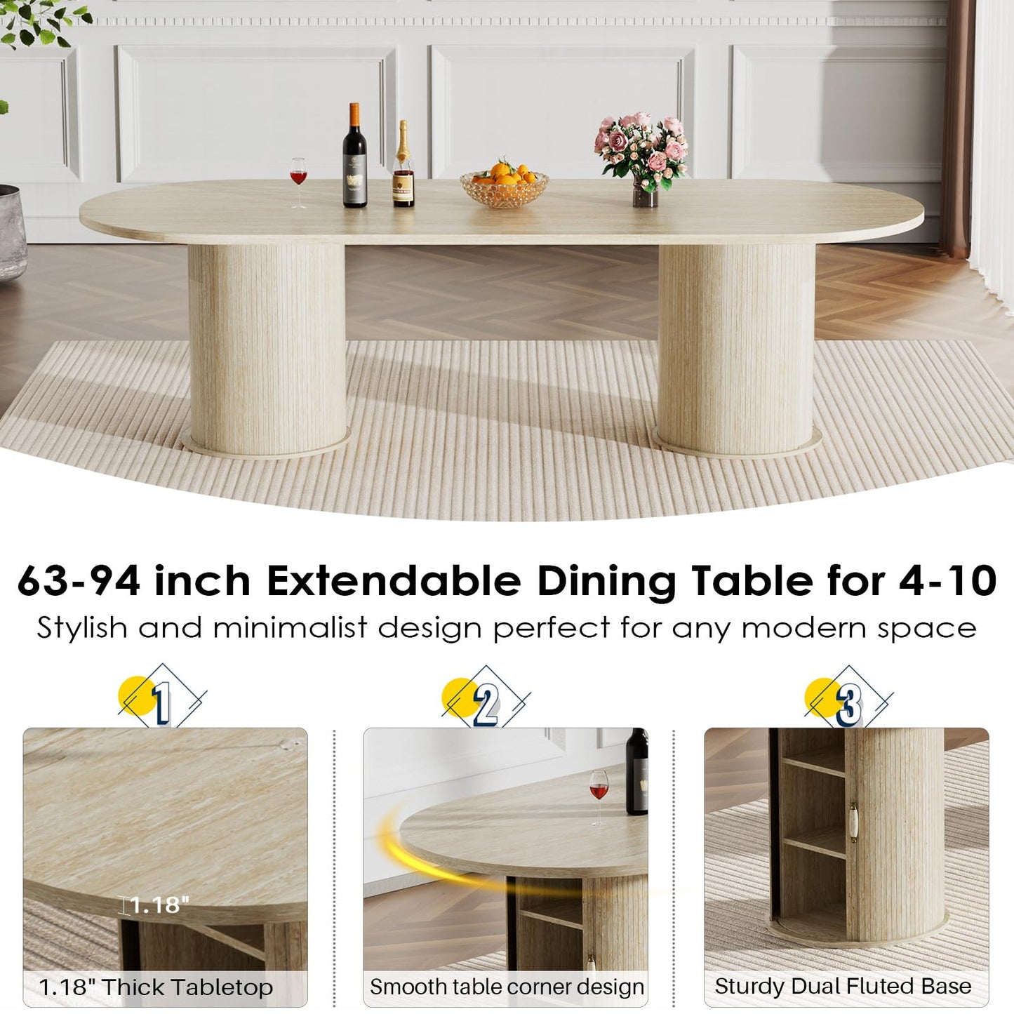 11 Piece Extendable Dining Table Set with 10 Black Upholstered Chairs, 63"-95" Faux Mars Oval Kitchen Table Set with Storage for 10, Space-Saving Expandable Dining Room Table Set with Wood Fluted Base