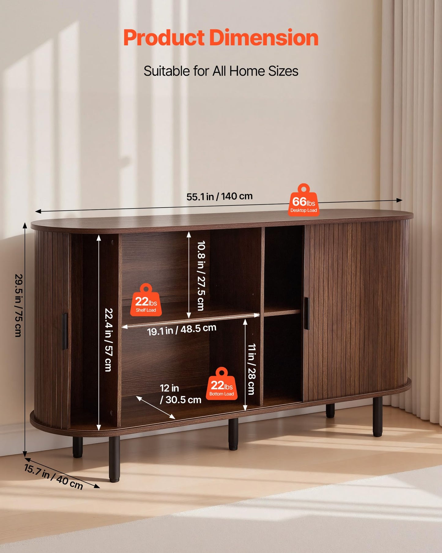 VEVOR Coffee Bar Cabinet, Mid Century Buffet Cabinet with Storage, Sideboard Cabinet with 2 Sliding Doors, Sideboard Buffet Station for Living Room, Entryway, Kitchen, 55.1 x 15.7 x 29.5 in, Walnut