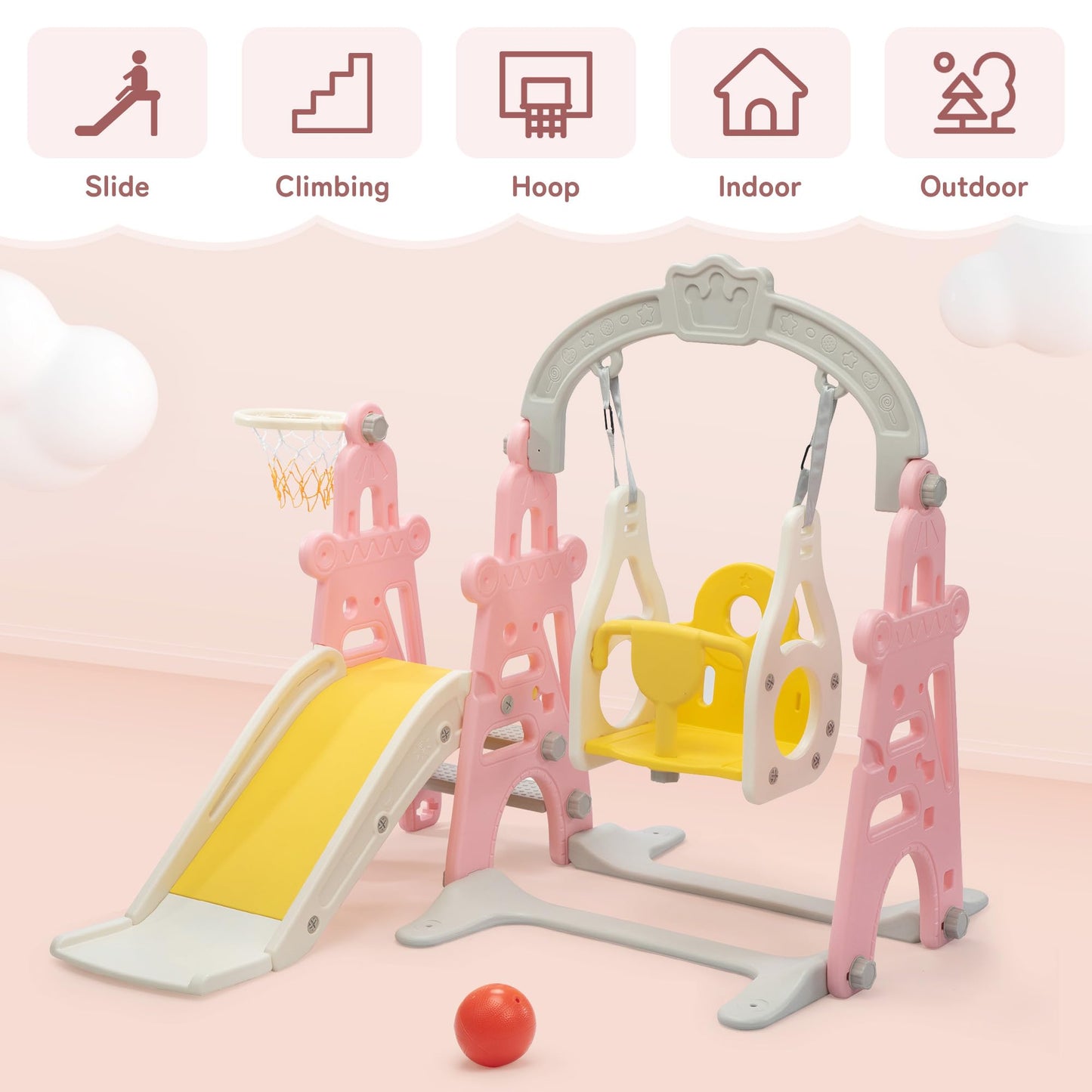 3-in-1 Kids Slide for Toddlers Slide and Swing Set,Indoor Playground for Children,Freestanding Outdoor Slides with Basketball Hoop,Outside Climber Playhouses,Baby Climbing Toys