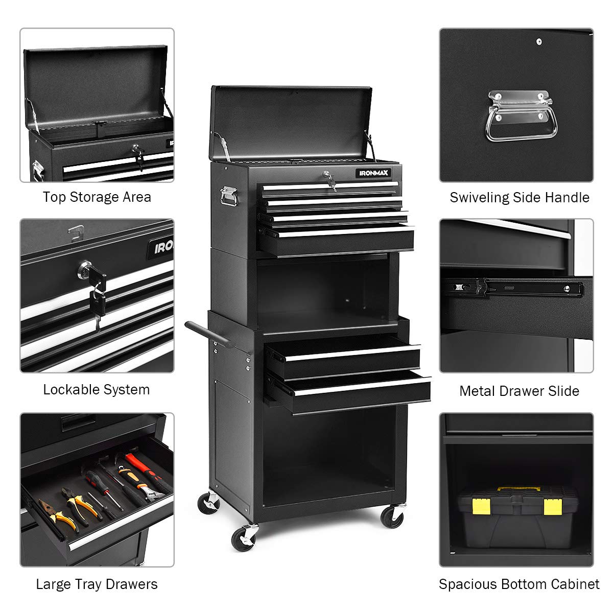 Goplus Tool Chest, 3-in-1 Rolling 6 Drawers Tool Cabinet with Detachable Top Toolbox, Middle Tool Storage, Universal Lockable Wheels, Protective Liner, Auto Lock, Metal Tool Box for Garage Workshop