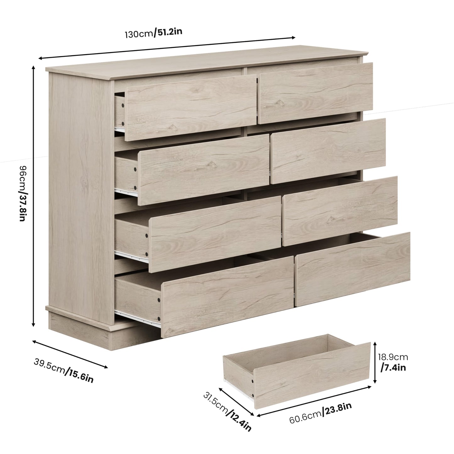 Garvee 8 Dresser for Bedroom. 51” Wide Double Dresser with Large Drawers, Modern Chest of Drawer for Bedroom Living Room Hallway, Oak