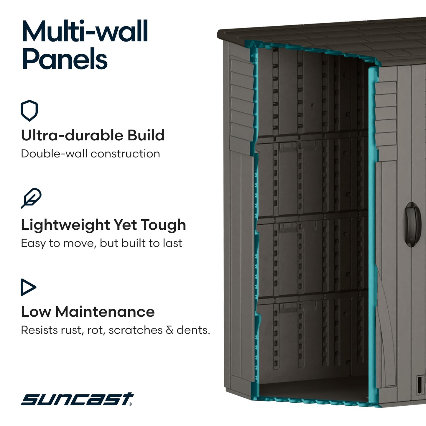 Suncast Outdoor Storage Cabinet Waterproof Resin Vertical Outdoor Storage Shed (54 cu. ft.) for Patio, Garden Tools, Cushions, & Equipment. Weatherproof Plastic Multi-Wall Design, Capacity Made in USA