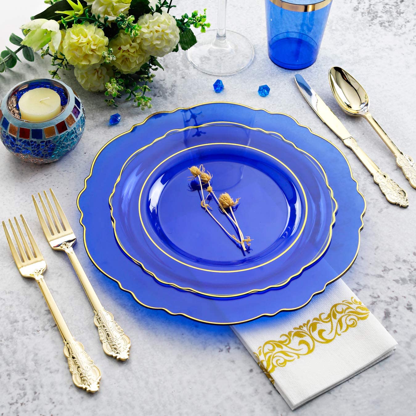 KIRE 210Pcs Blue Plastic Plates with Gold Rim& Disposable Plastic Silverware &Blue Cups&Hand Napkin- Baroque Clear Dinnerware for Parties/Wedding