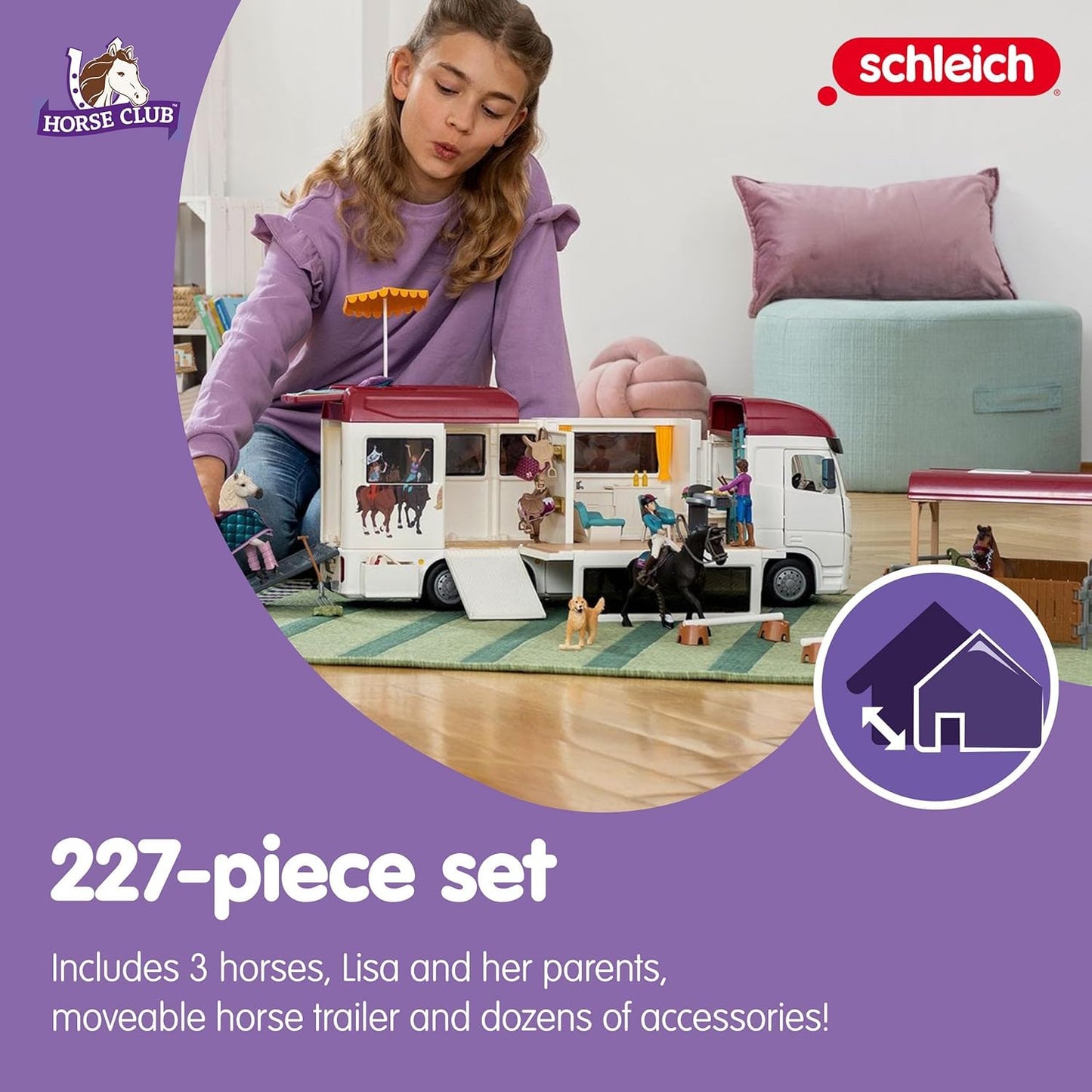 Schleich Horse Club - 227PC Lisa Transporter Playset – Horse Toy Trailer Set with Family, 3 Horses, Dog, Grooming Station & Rooftop Pool for Real Water Play – Realistic Toys for Kids Ages 5+ | 42619