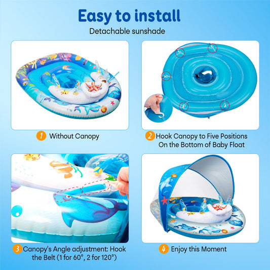 Foxgor Extra Large Baby Pool Float with UPF50+ Canopy, Anti-Flip Double Air Chambers, Adjustable Seat for Infant Toddler 6-36 Months, Ocean Toys | CPC Certified | ASTM F963 | for Pool Beach