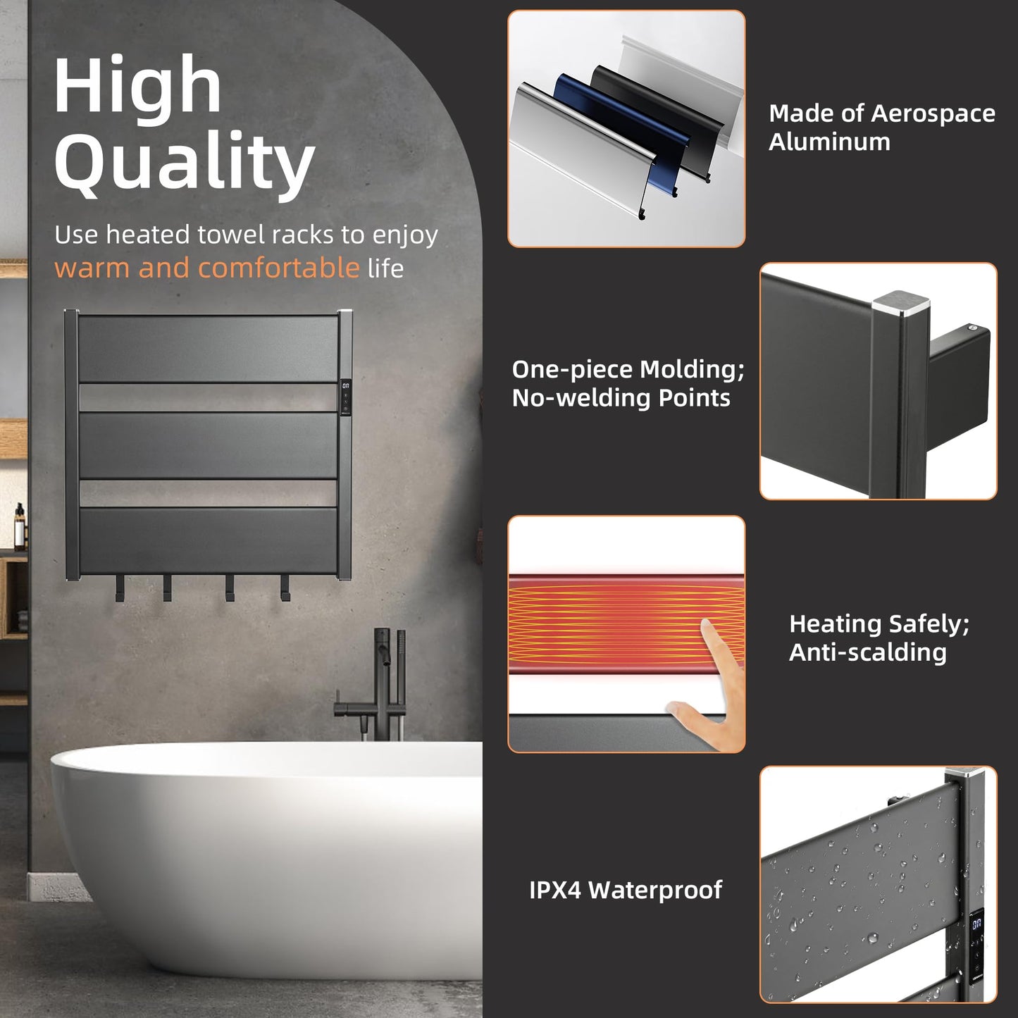 K&KALONZO Towel Warmer for Bathroom, Wall-Mounted Heated Towel Rack with Built-in Timer, Waterproof Alumnimum Electric Towel Heater, Support Plug-in and Hardwired, Black, H3-B