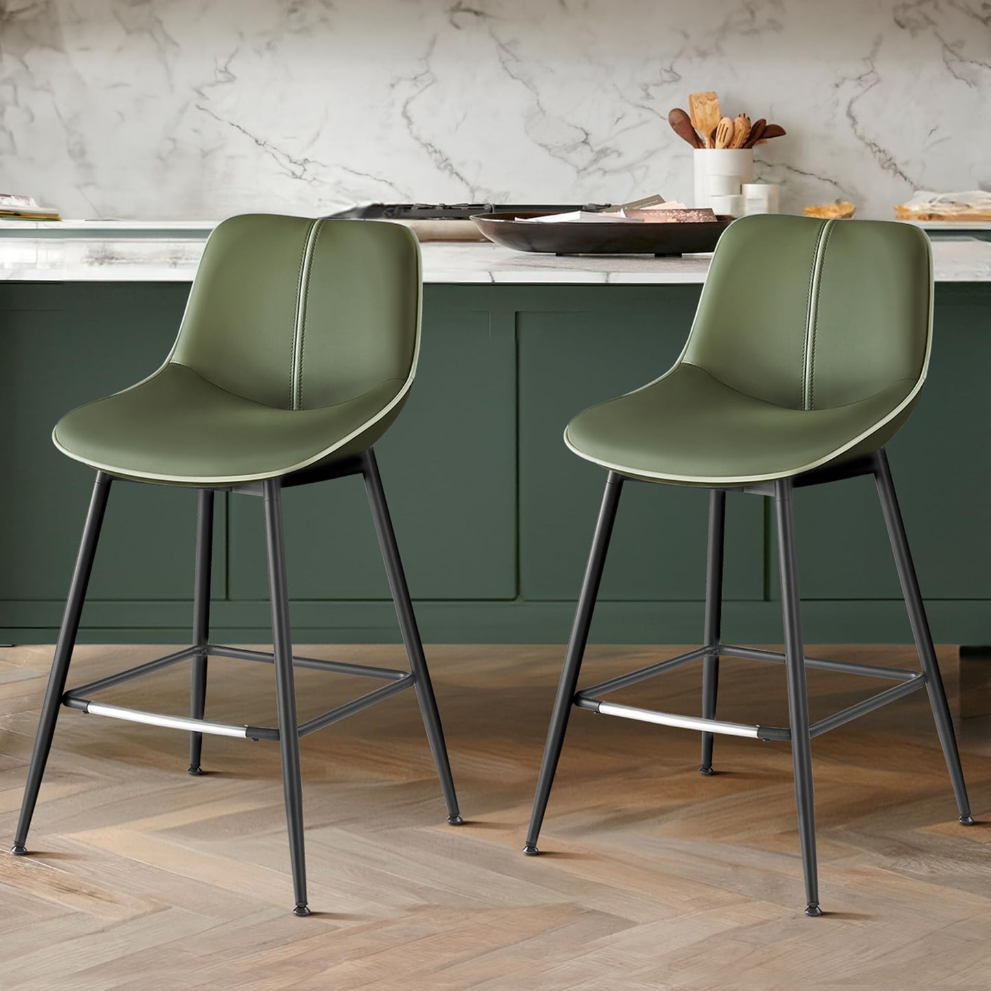 VASAGLE Bar Stools Set of 2, Counter Height Bar Stools with Back, Ergonomic Backrest, Synthetic Leather, Metal Legs, 24.8-Inch Tall Barstools for Kitchen Island Home Bar, Easy Assembly, Forest Green