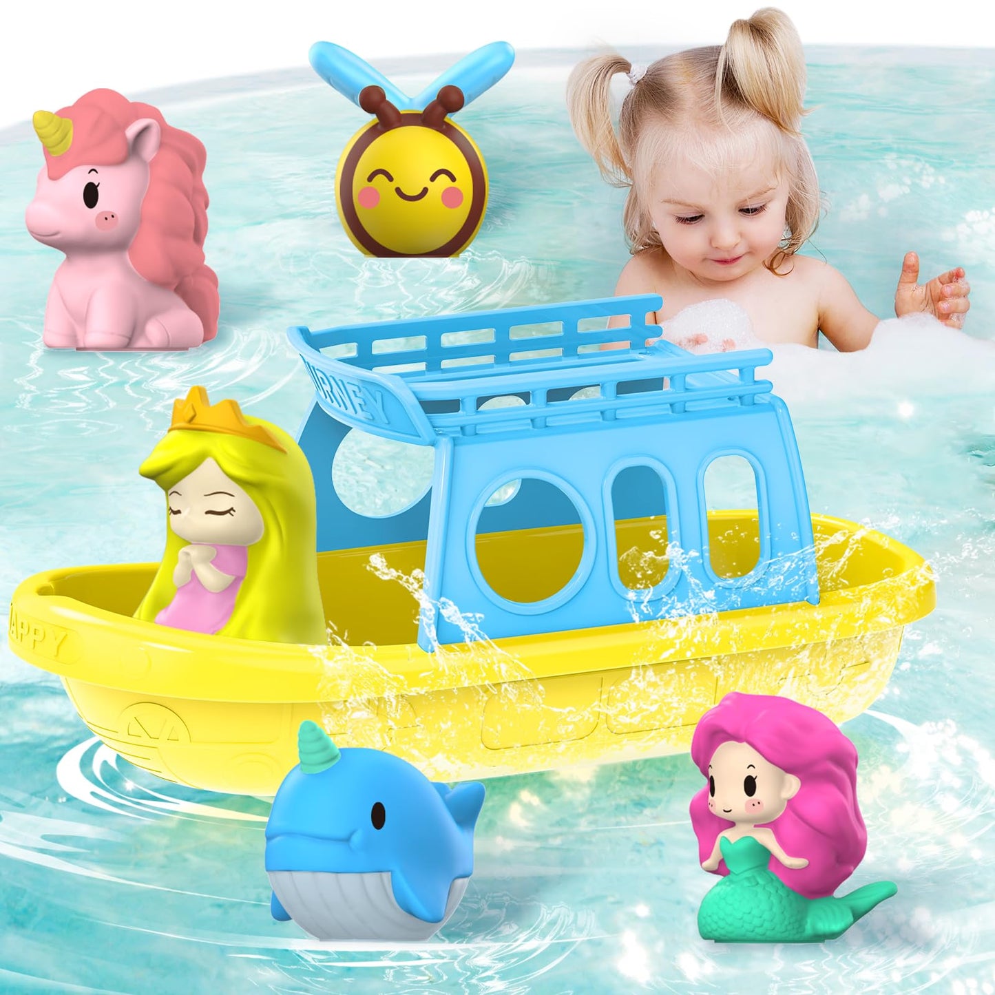 Oriate Mermaid Princess Finger Puppets Bath Toys(5 PCS) for Kids Toddlers 1-3 with Bath Boat, Baby Bathtub Shower Toys, Animal Whale Bee, Floating Water Beach Pool Toys Easter Eggs