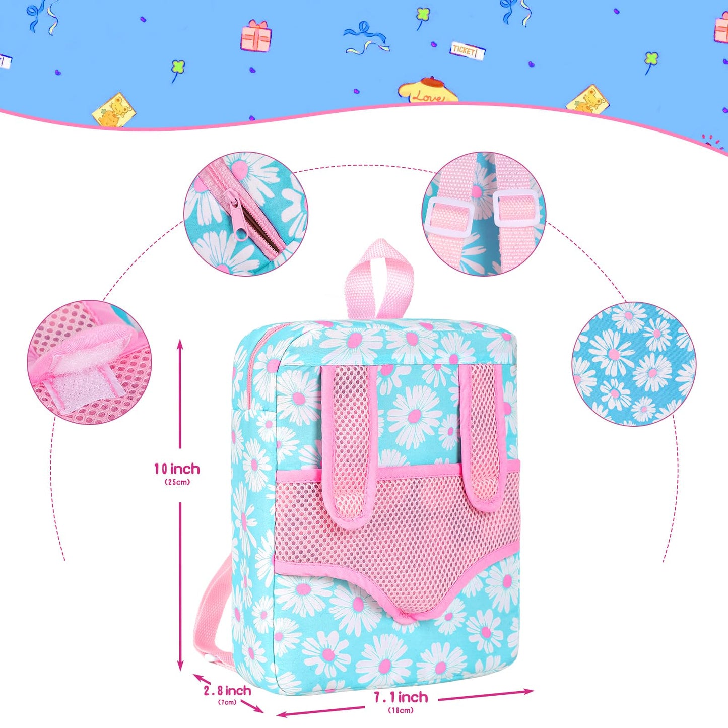 12" Girls Baby Doll Daisy Theme Backpack Carrier Playset,12 Inch Reborn Baby Dolls With Accessories And Clothes Set Toy Stuffs Pink Hanky Diaper Bottle Nipple And Gifts For Baby Toddler Age 3+