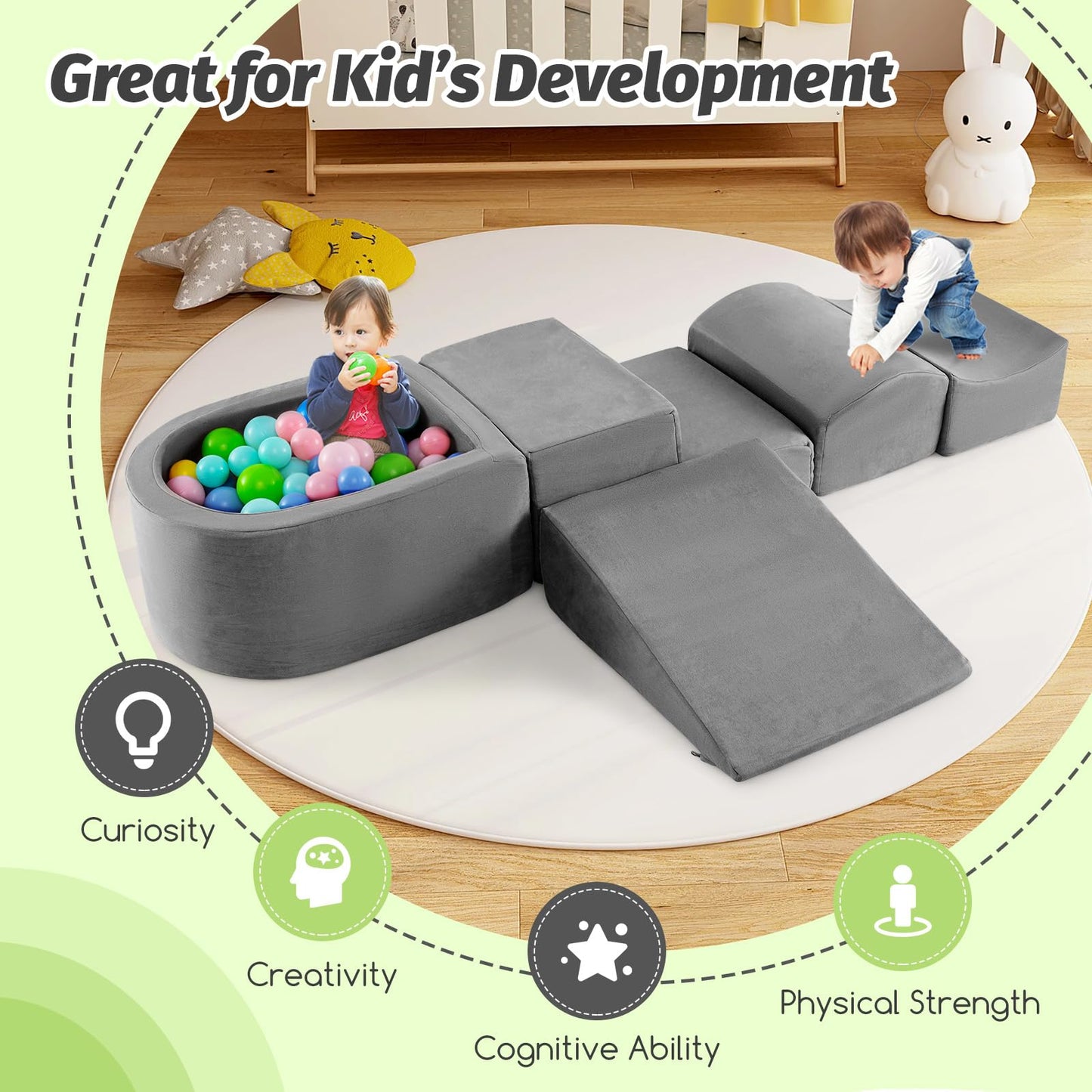 Costzon Toddler Climbing Toys Indoor, 5 Pieces Foam Climb and Crawl Playset w/Kids Ball Pit & Detachable Machine-Washable Covers for Playroom Children Room, Soft Play Climbing for Toddlers (Gray)