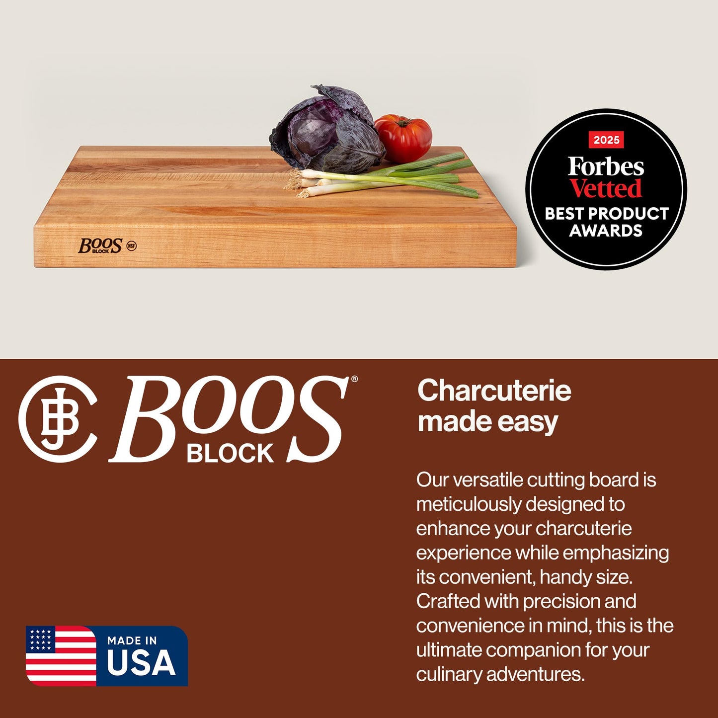 John Boos RA-Board Series Rectangular Wooden Maple Cutting Board 24”x18” – 2.25” Thick, 30-lb Reversible Butcher Block with Edge-Grain & Finger Grips – Made in the USA