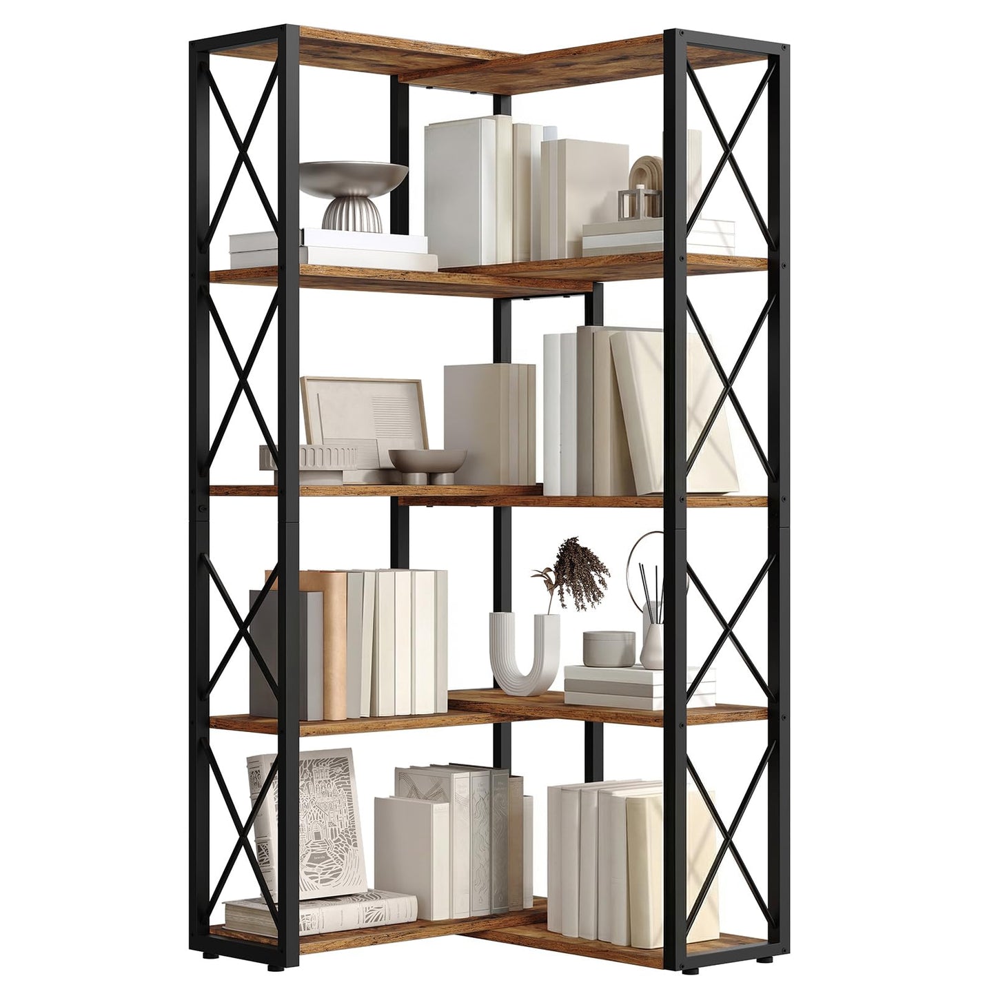 HOOBRO Corner Bookshelf, 5-Tier Industrial Corner Bookcase, Open Display Storage Rack, Vertical or L-Shaped, for Office, Living Room, Bedroom, Rustic Brown and Black BF66SJ01