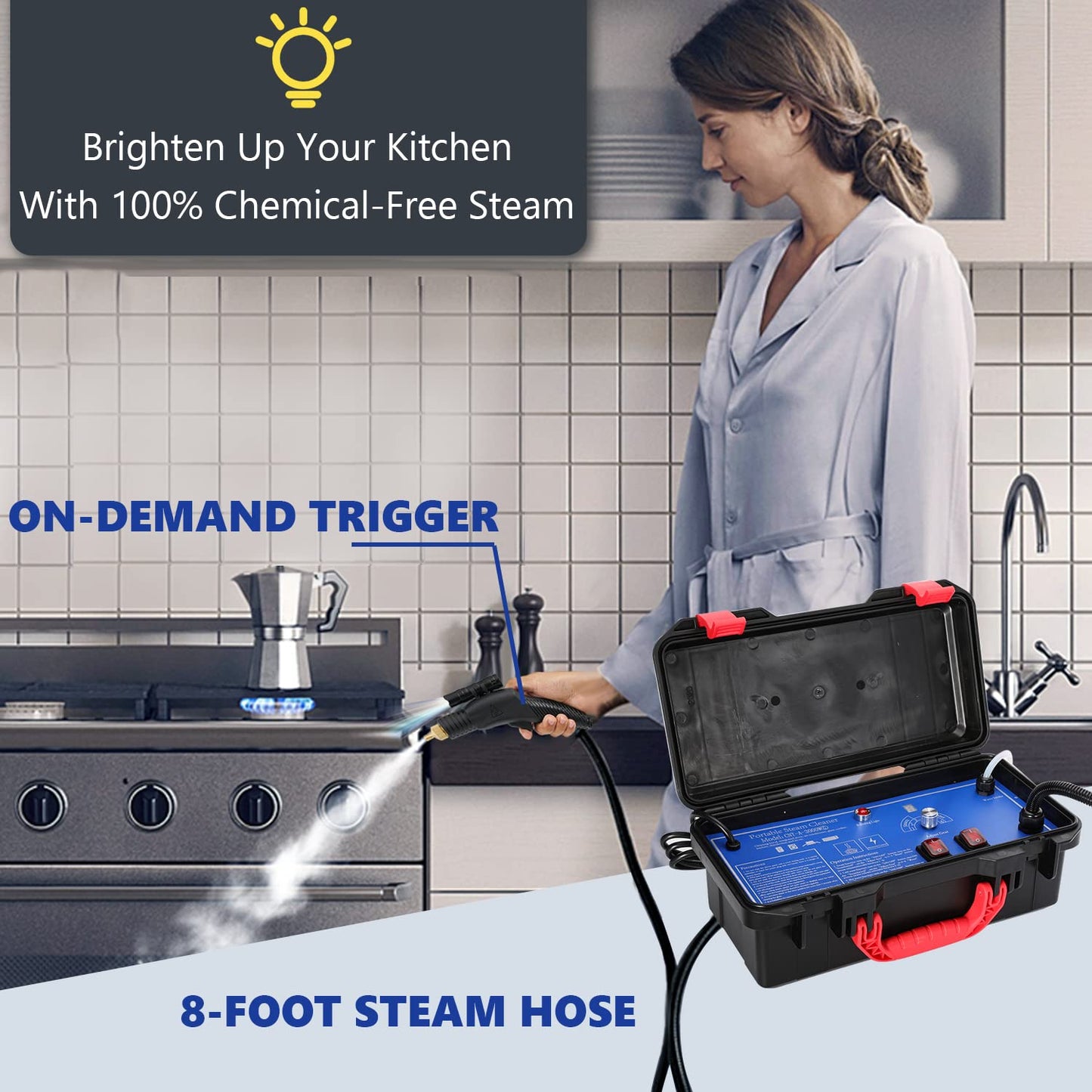 Moongiantgo High Pressure Steam Cleaner, 1700W Power High Temp Portable Handheld Cleaning Machine for Car Detailing, Tankless Heavy Duty for Home Use Kitchen Bathroom Grout Tile
