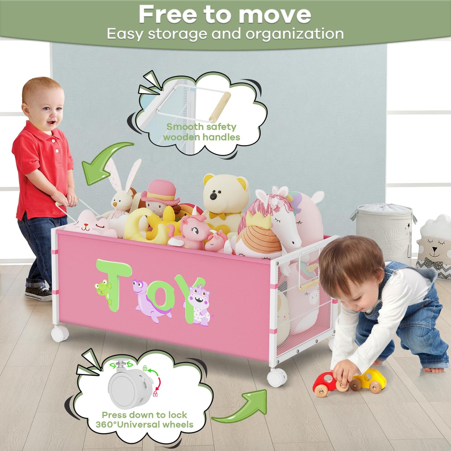 AIJIAMEIER 120L Kids Extra Large Toy Box with Wheels & Handle, 33.1” x 16.5” x 14.6” Big Toy Chest for Boys Girls, Toy Storage Organizer for Living Room Area, Playroom(Pink, 1PC)
