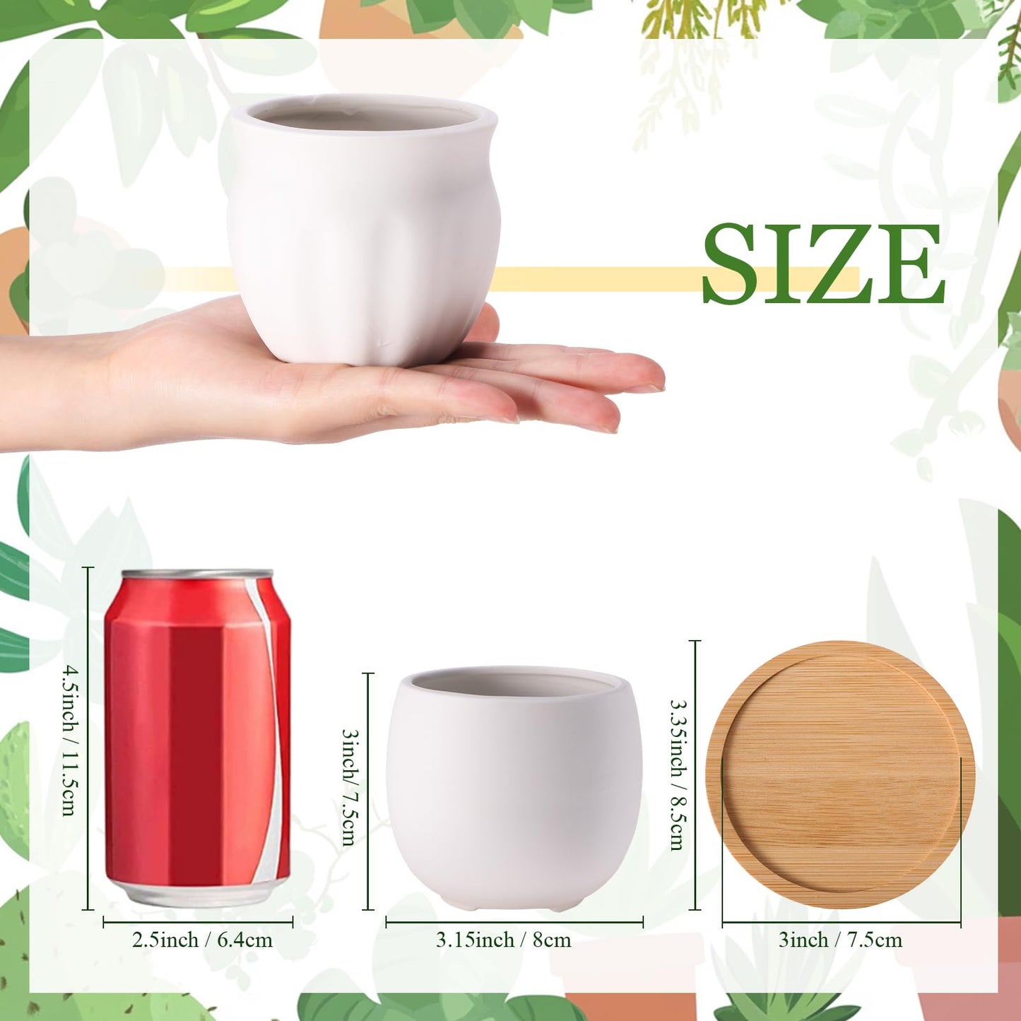 Remerry 12 Pcs 3.5 Inch Mini Succulent Pots with Bamboo Tray White Ceramic Pots Color Your Own DIY Small Planters Containers for Flower Cactus with Drainage Hole for Plant Lover