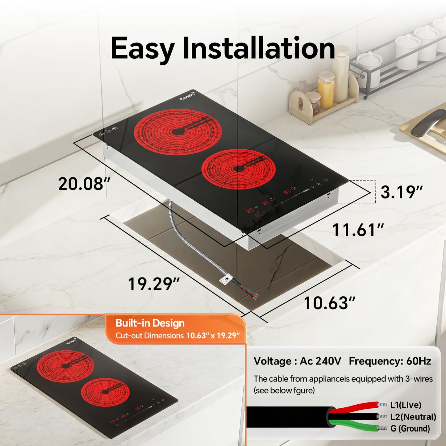 Ranein Electric Cooktop with 2 Burners, 12 inch 3000W 240V Ceramic Panel Electric Cooktop, Multiple Safety Protections Stove, Touch Screen