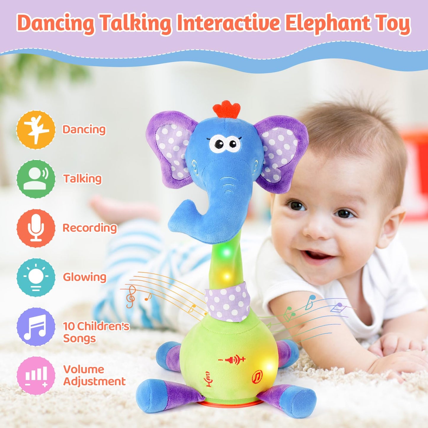 LLUKEME Dancing Talking Elephant Toy, Stuffed Animal Baby Toy Repeating What You Say, Easter Toys for Kids Glowing Musical Electronic with Wiggly Trunk Gifts for Toddlers 1-3 Years Old