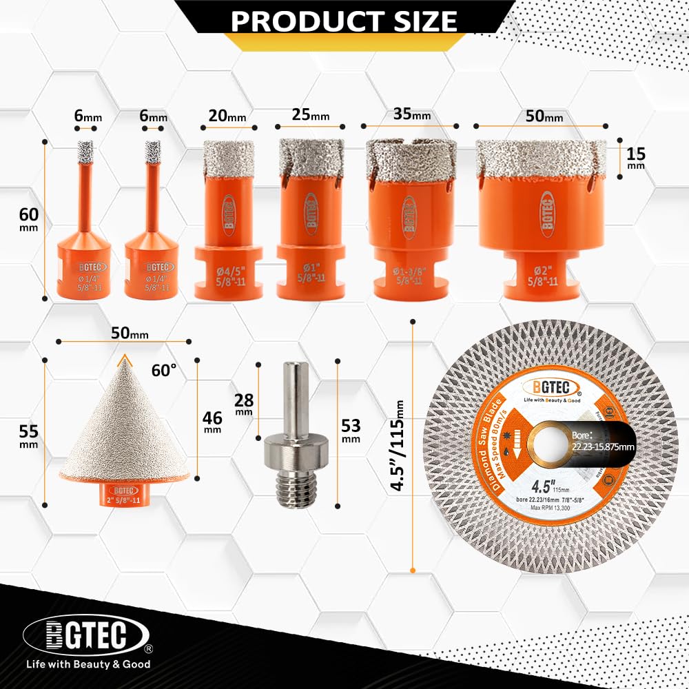 BGTEC Diamond Hole Saw Kit - 9PCS 6/6/20/25/35/50mm Drill Bits + 50mm Chamfering Bit + Adaptor + 115mm Tile Blade for Porcelain Tile Ceramic Granite Marble Stoneware