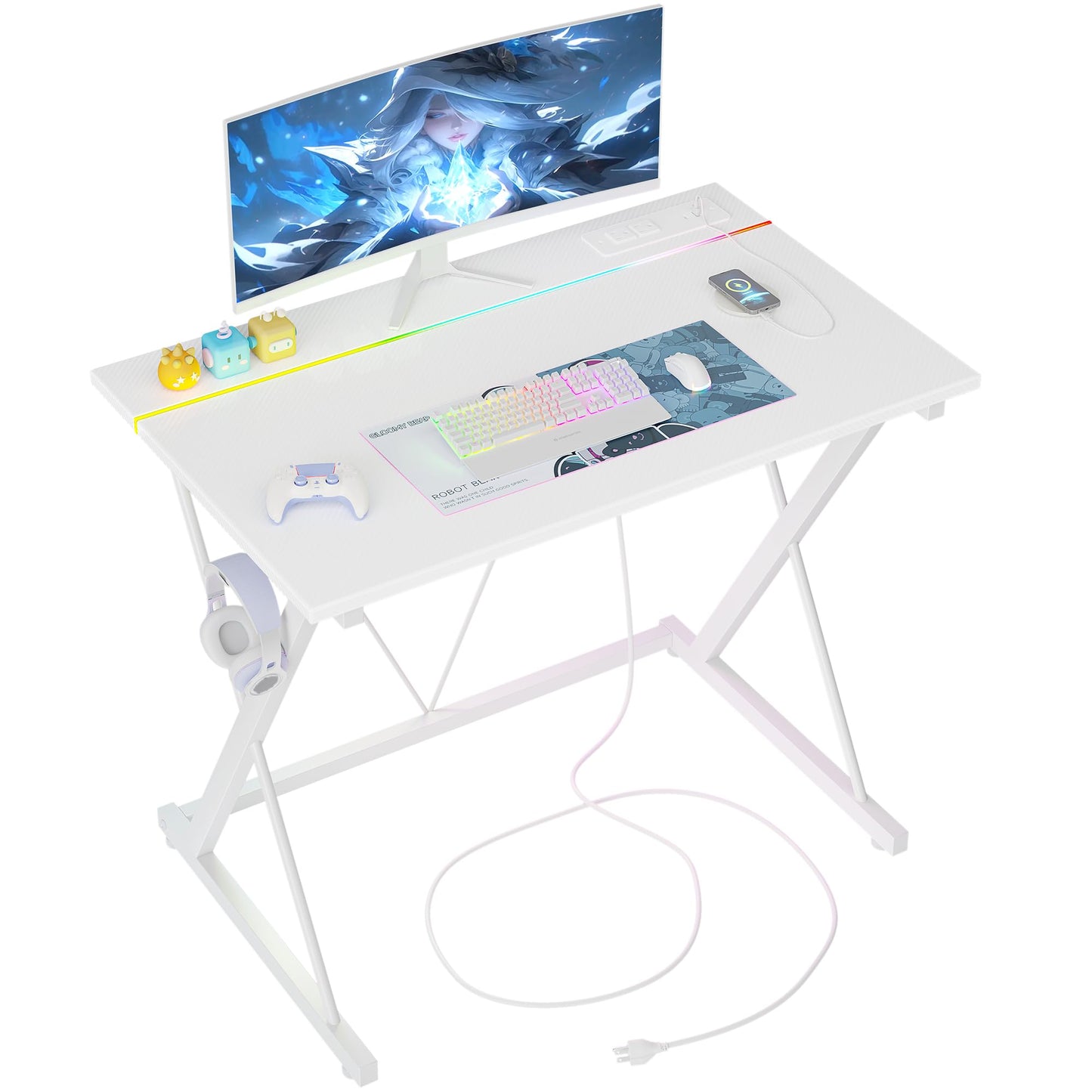 TIQLAB Gaming Desk with Power Outlets & LED 32 Inch Ergonomic Computer Carbon Fiber Surface Gamer, PC Workstation with Headphone Hook for Bedroom, Kids Desk Gift for Boys, White