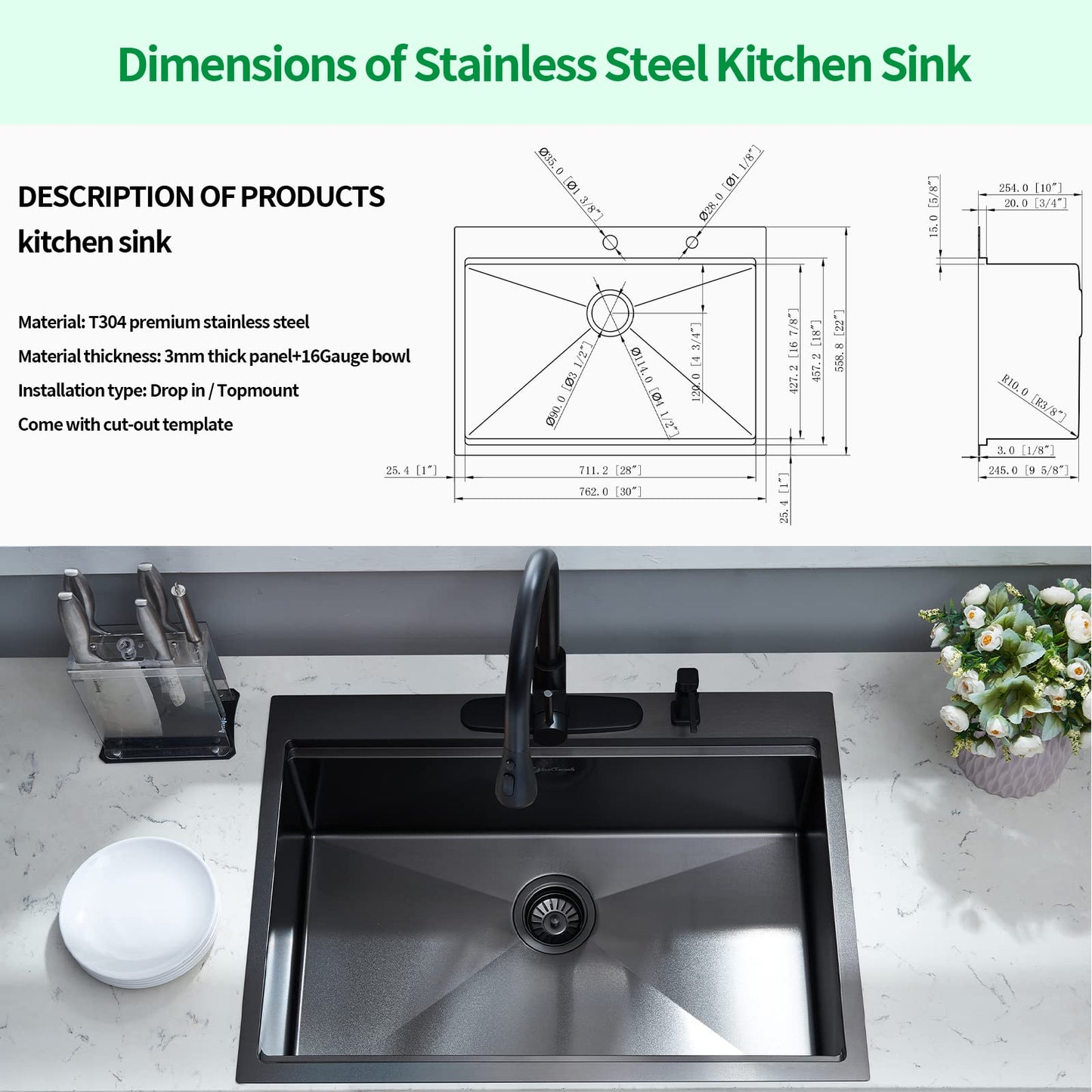 EcoChannels Drop-in Kitchen Sink - Single Bowl Workstation with Cutting Board, 30 x 22 x 10, Gunmetal Black, 16 Gauge Stainless Steel