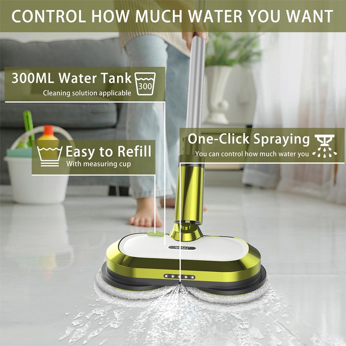 VMAI Cordless Electric Mop with Water Spray & Detachable Battery, Rechargeable Floor Spin Mop & Scrubber with LED Headlights, Washable Pads, Lightweight for Hardwood Tile Marble Floor Cleaning