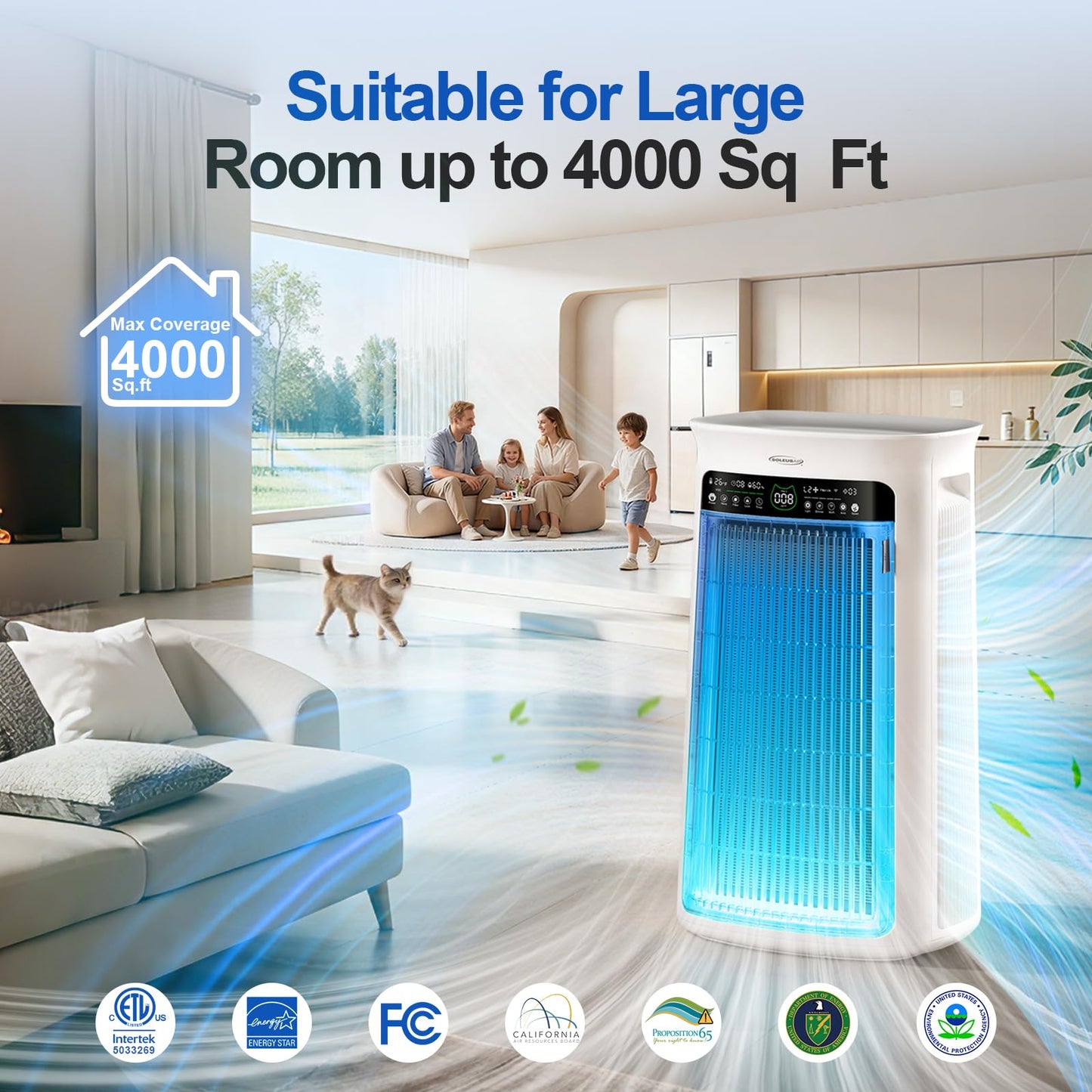 Air Purifier Large Room,True H13 HEPA Air Purifiers for Home & Bedroom, Covers Up to 4000 Sq. Whole House Air Purifier, PM2.5 TEMP HD Sensor, Large Screen Display, 22dB Quiet for Pets Families