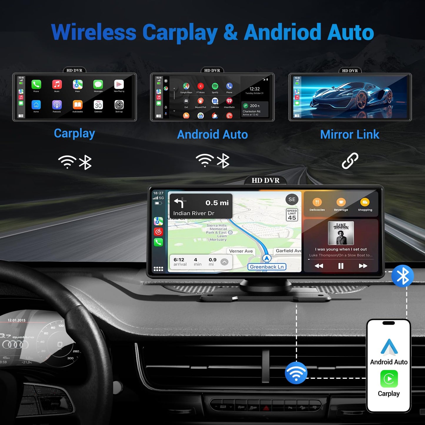 Wireless Apple Carplay Screen for Car with 4K Dash Cam, 10.26" Portable Apple Carplay & Android Auto, HD Touchscren with 1080p Backup Camera, Voice Control/Mirror Link/GPS Navigation/BT/FM