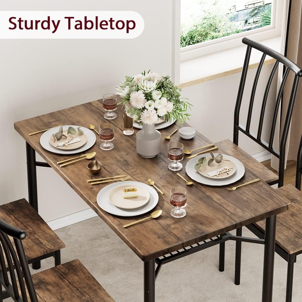 Garvee Farmhouse 5-Piece Dining Table Set for 4, Rectangular Kitchen Table with 4 Chairs, Wood Dining Set with Storage Shelf for Dining Room, Kitchen, and Small Spaces, Brown