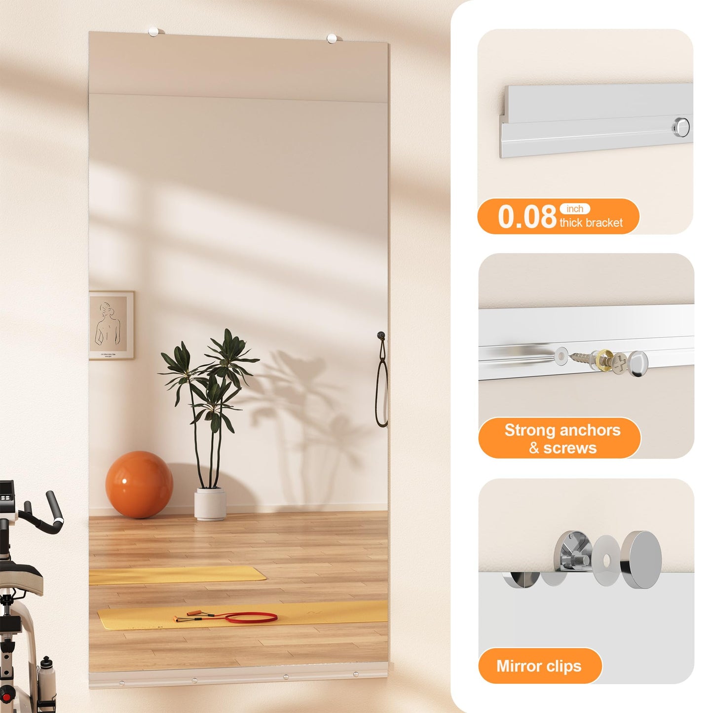Hasipu Home Gym Mirror, 79"x36" Each, 1-Pack Frameless Wall Mounted Mirrors with Glass Clamps & 1 Aluminum Rail, Large Body Mirror for Home Gym, Yoga Studio, Bedroom, Silver Tempered Glass