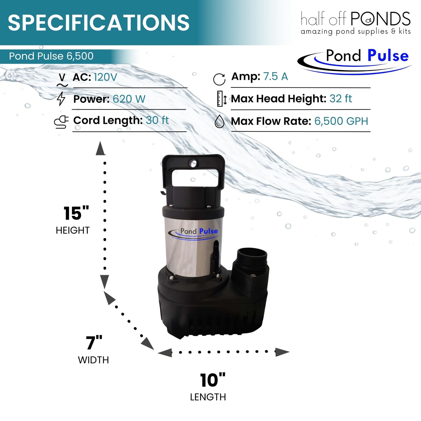 HALF OFF PONDS Pond Pulse 6,500 GPH Submersible Waterfall Pump – Hybrid Drive Pond Pump with 30' Cord – Energy Efficient, Fish Safe, 33' Max Head, for Skimmers & Large Water Features