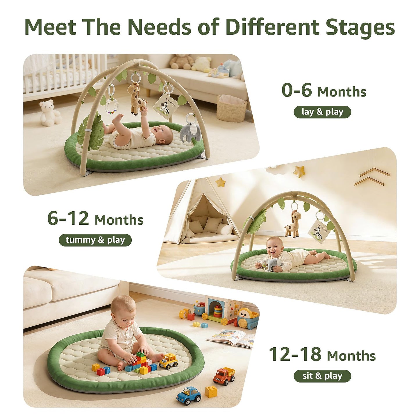 TinyThrive Baby Play Gym & Activity Mat, Baby Play Mat with 5 Detachable Toys, Promotes Motor Skills & Sensory Development, Tummy Time Mat for Baby to Toddler, Baby Essentials Shower Gift, Green