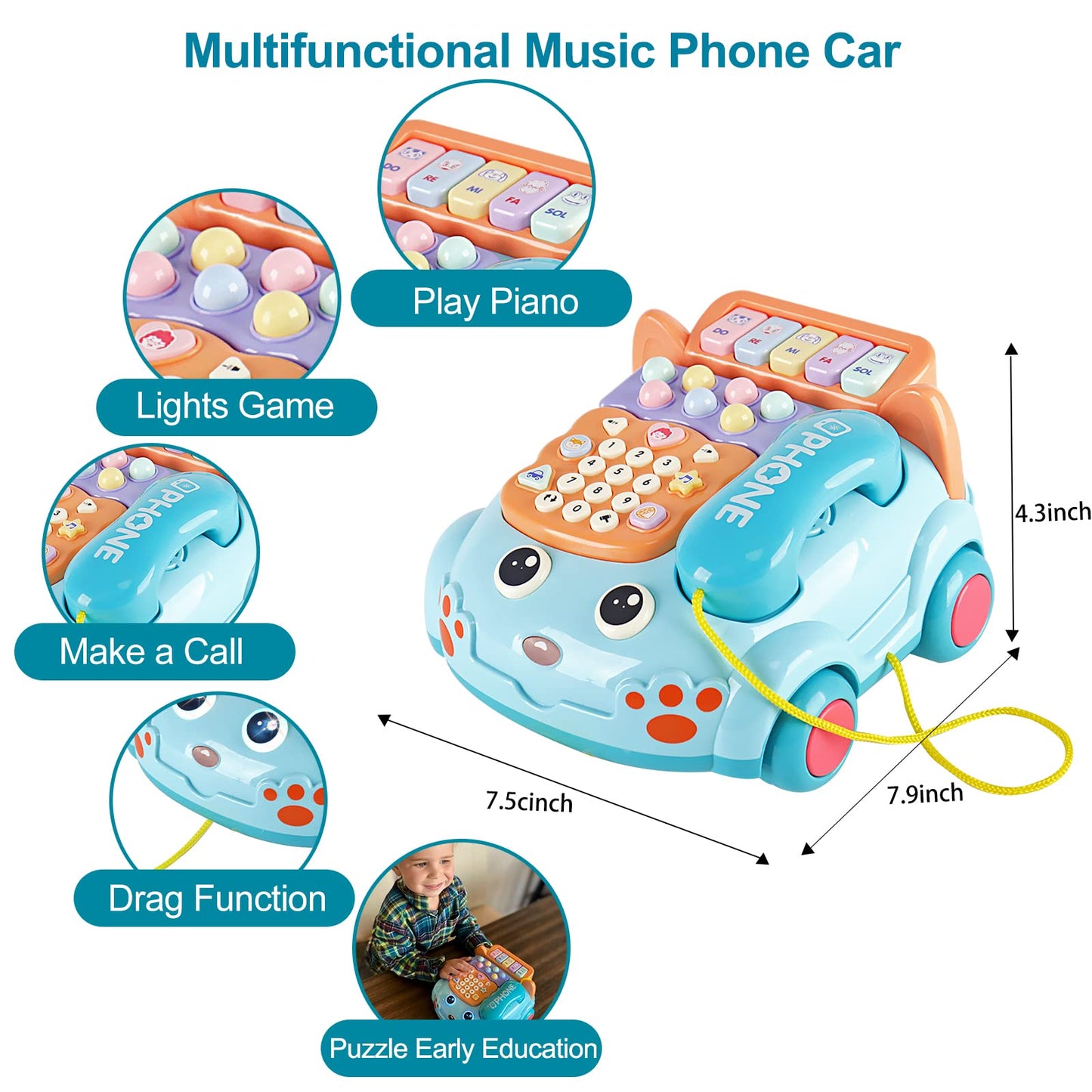 Baby Toy Phone Cartoon Baby Piano Music Light Toy Children Pretend PhoneToy Gift Game Boy Girl Early Education Gift Blue (18 M+)