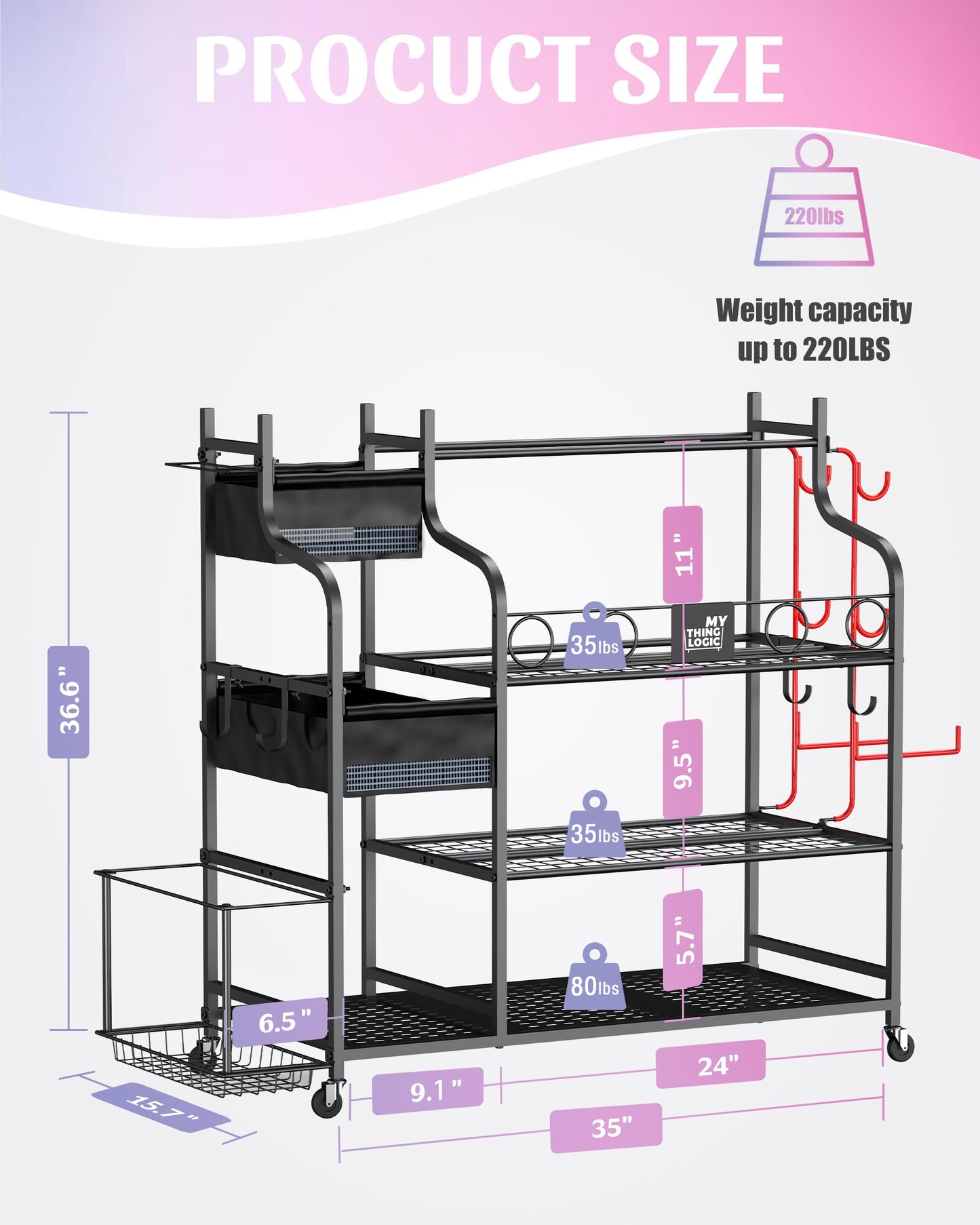 Mythinglogic Weight Rack for Dumbbells, Home Gym Storage for Yoga Mat Dumbbells Kettlebells and Strength Training Equipment, Dumbbell Rack with Wheels and Hanging Hooks (Black)