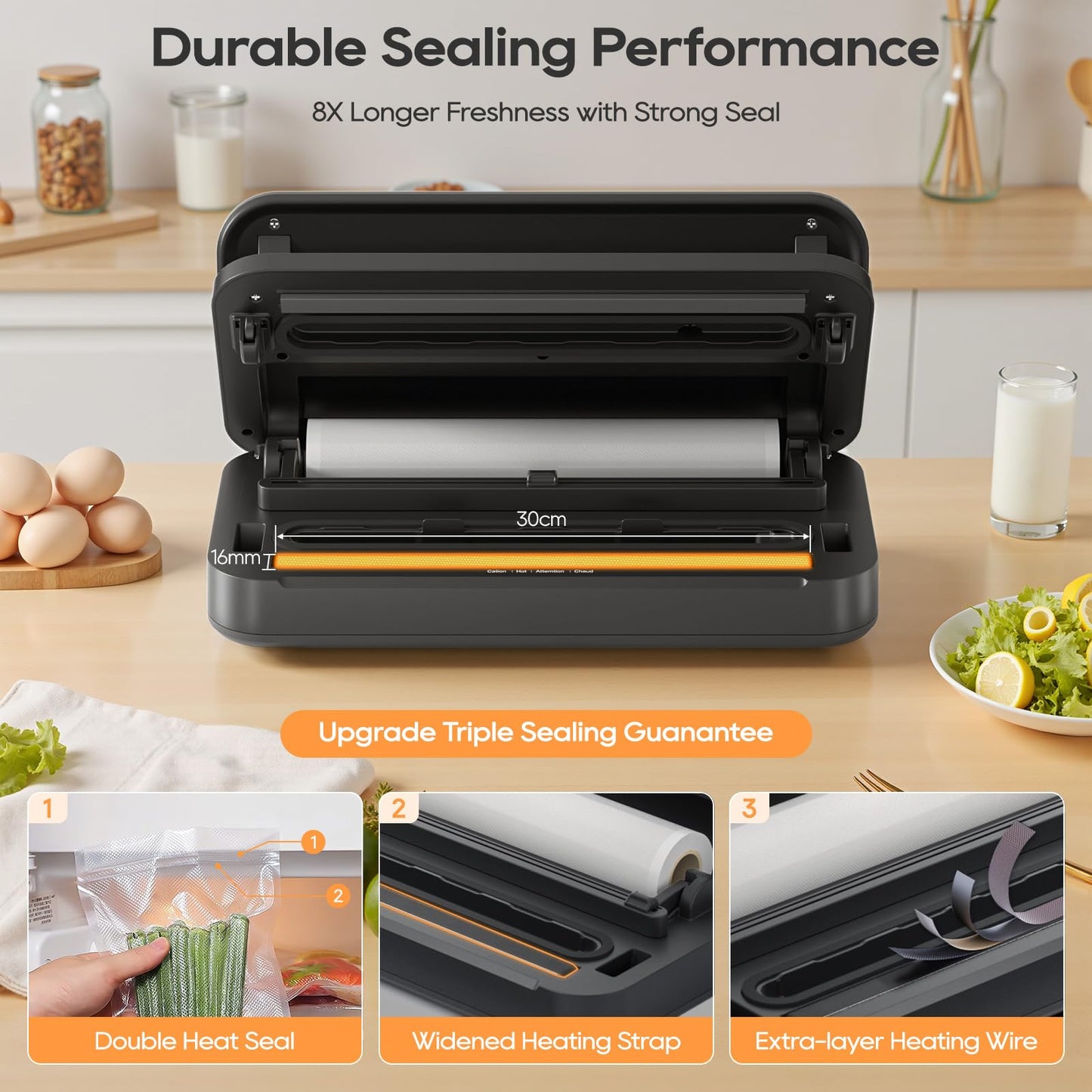 Vacuum Sealer Machine, 90Kpa Food Vacuum Sealer Machine Preservation Dry/Moist/Liquid Modes, LED Indicator Light, Handle Locked Design, Built-in Cutter and Bag Storage, Starter Kit