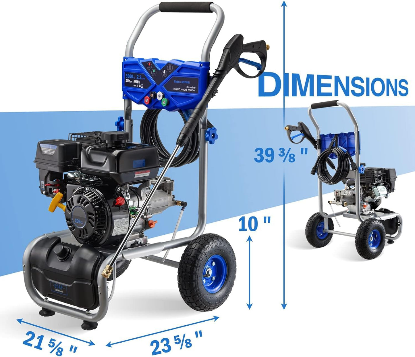 MUTAOMAY 3500PSI Gas Pressure Washer, 2.3GPM Gas Powered High Pressure Washer with 209CC Engine, 4 Adjustable Nozzles, 25 ft High Pressure Hose for Cleaning Walls, Terraces, Vehicles, Garden (Blue)