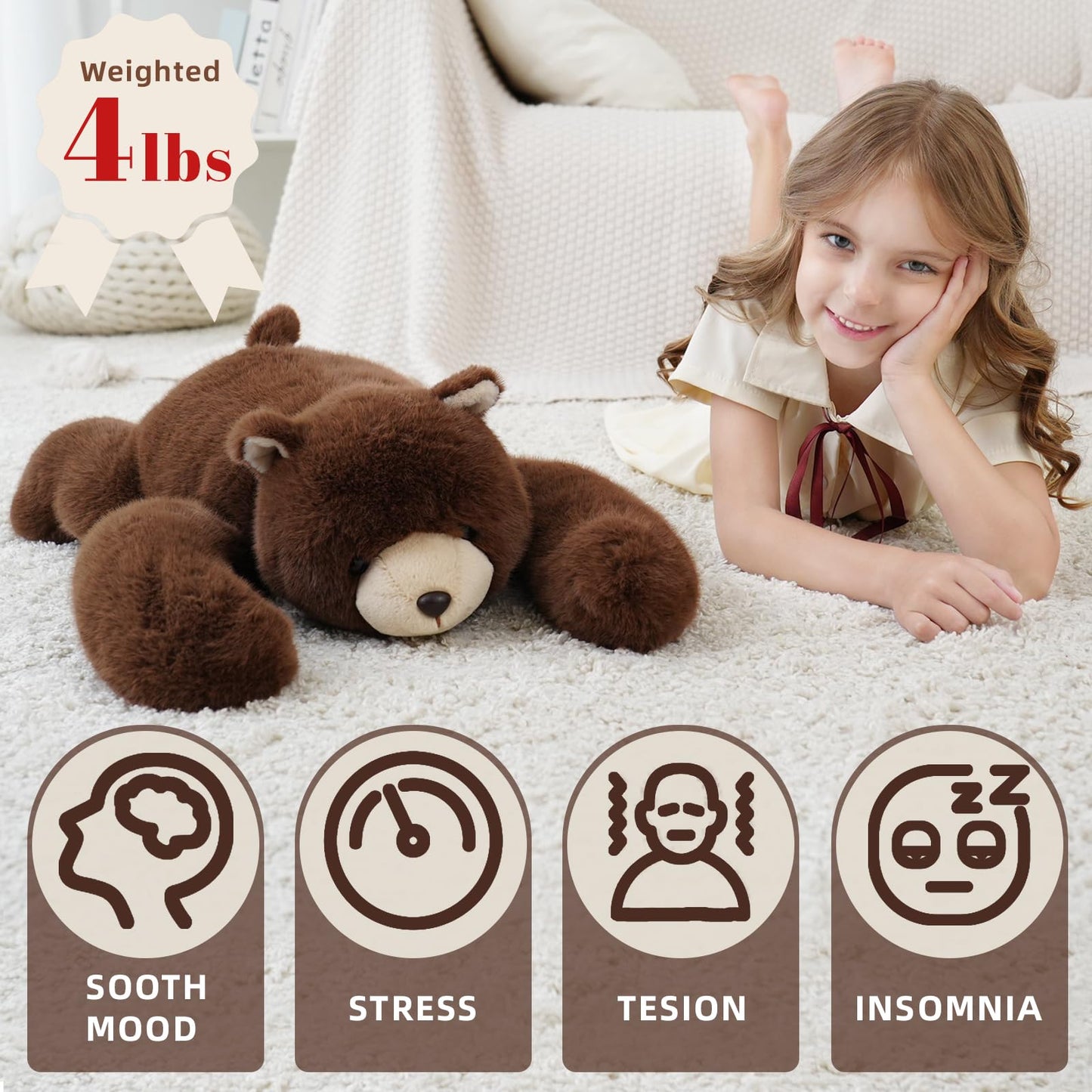 YGZE Weighted Bear Stuffed Animal Brown Bear Plush Toy 24 Inch 4 Pound Soft Fur Long Arms Hugging Toy Cozy Gift for Kids Adults Christmas and Birthdays