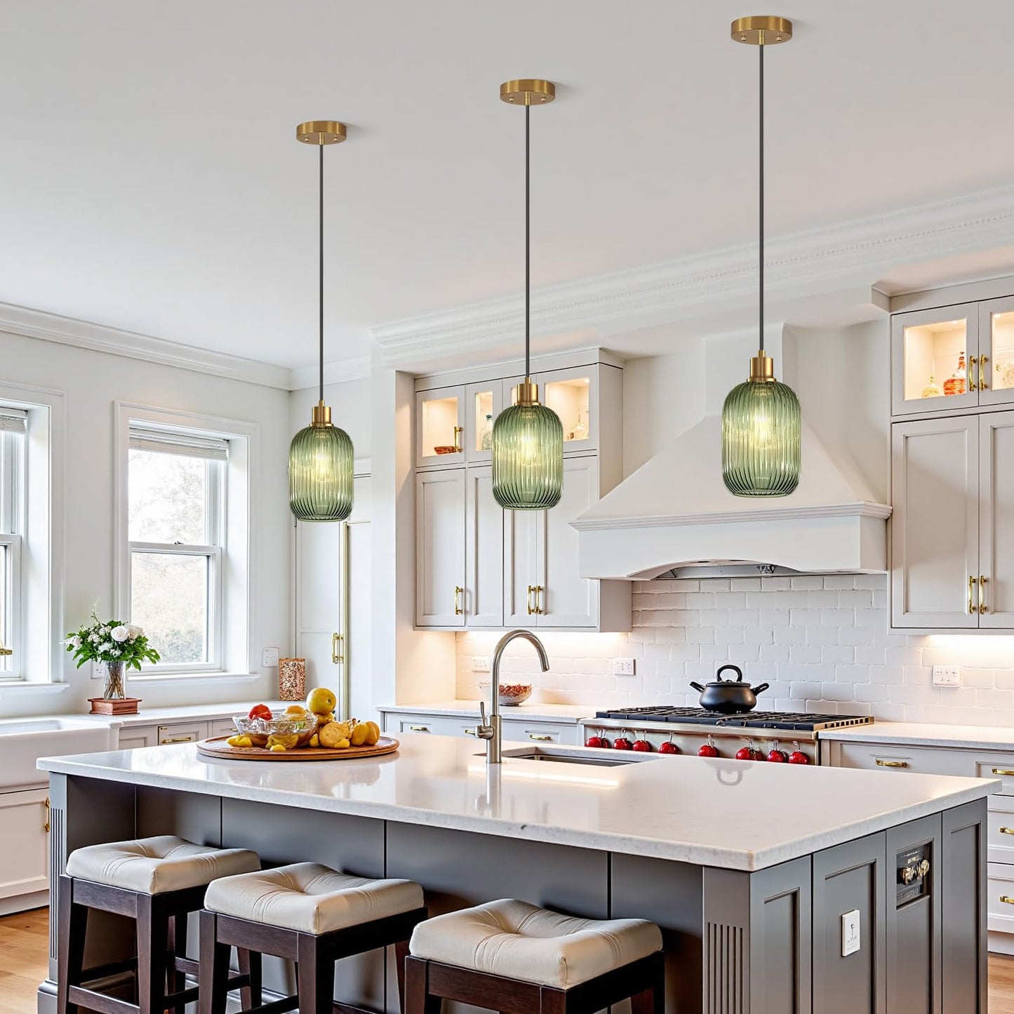 2 Pack Pendant Lights with Vintage Green Ribbed Glass Lampshade, Adjustable Brushed Gold Pendant Lights Fixtures for Kitchen Island Lighting Sink, Dining & Living Room Hallway (Bulbs Not Included)
