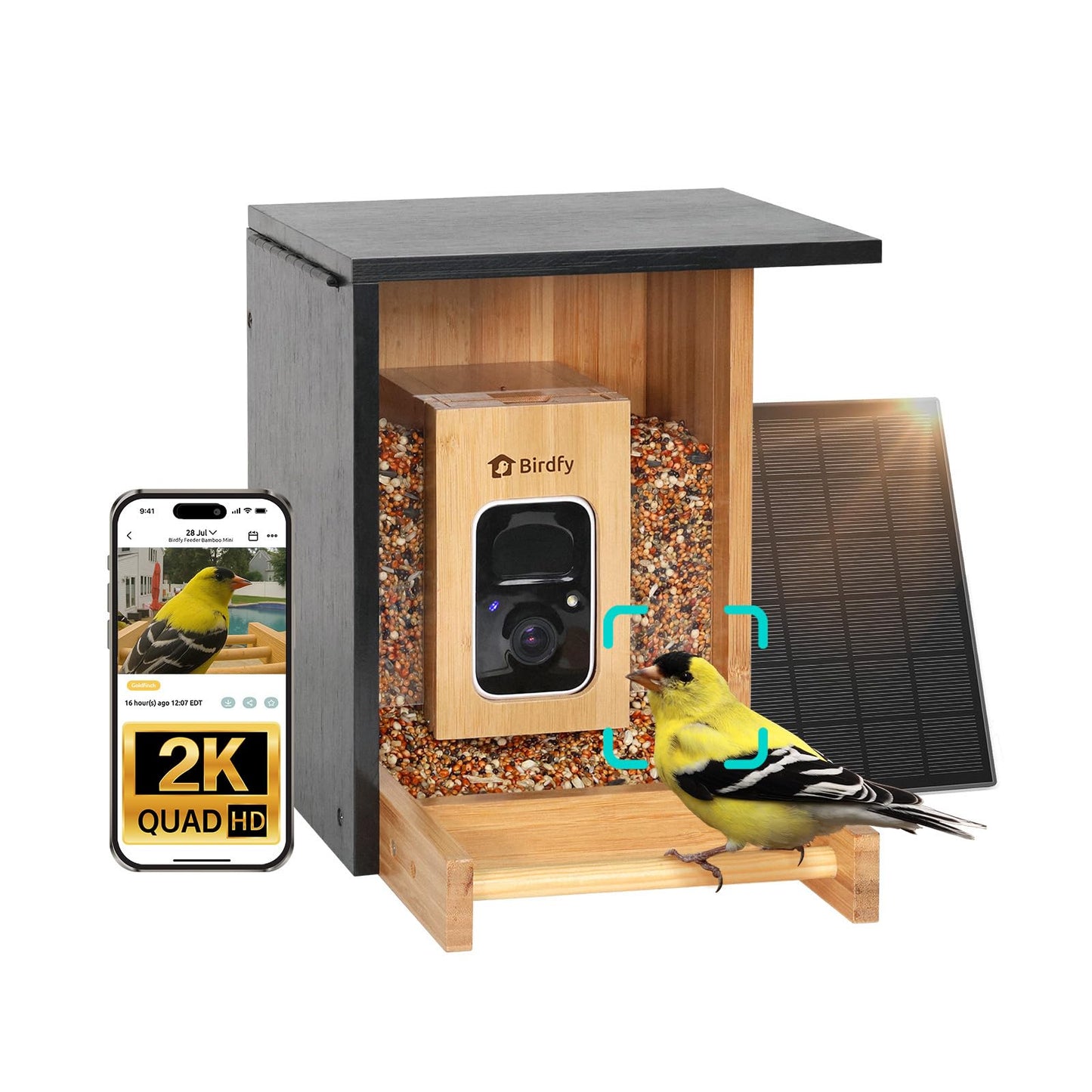 Birdfy Smart Bird Feeder with Camera, High-End Bamboo, Solar Powered Bird-Feeder with 2K Camera for Live Stream&Permanent AI Identifies Birds with Motion Detection,Ideal for Mom,Gran&Me