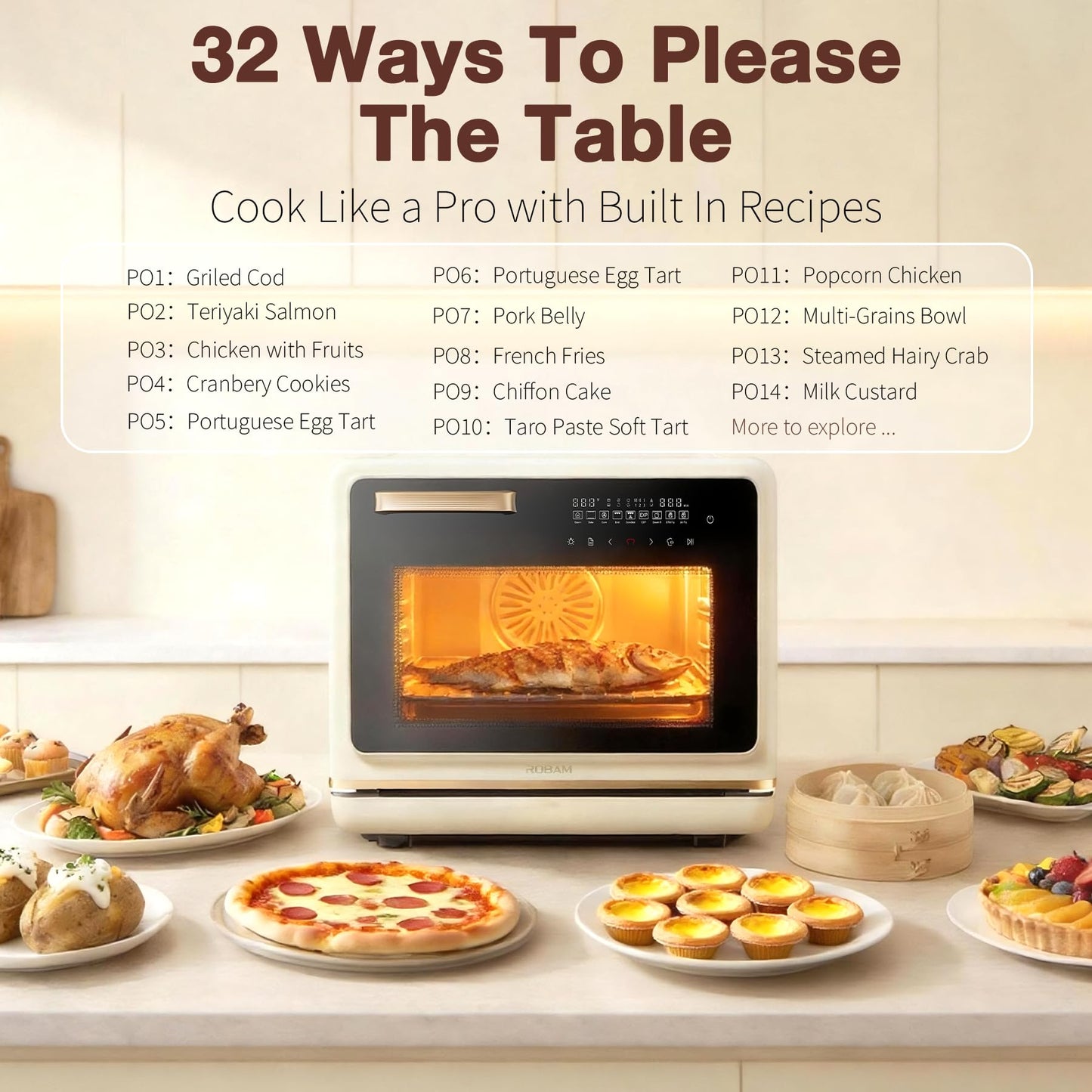 ROBAM Toaster Air Fryer Oven Combo, Countertop Convection Cooker with Bake & Fry, 1.2 Cu.Ft Large Capacity Combi Steam Oven, 32 Preset Recipes, Smart Touch Precise Temp Control, Multi-Stage (White)