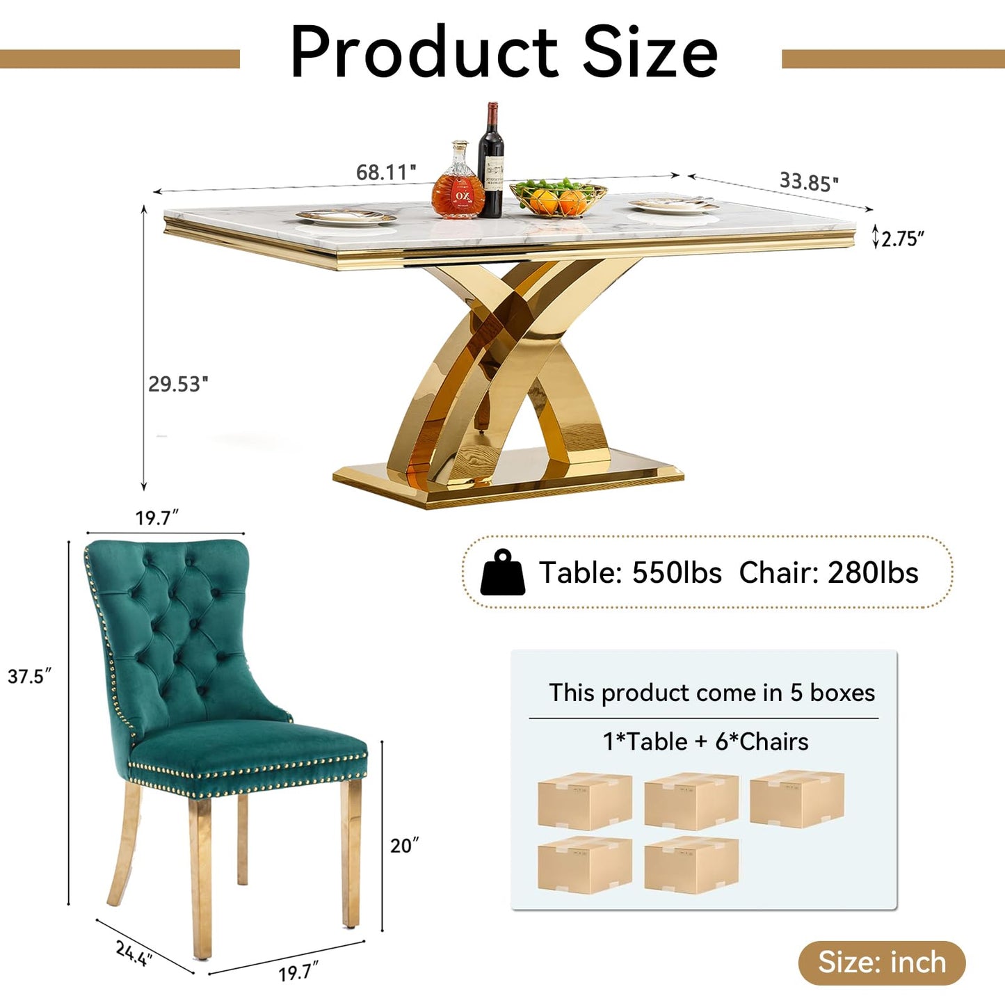 Pvillez 68.11" Marble Dining Table Set, White Dining Table with 6 Green Velvet Chairs, Rectangle Kitchen Table and Chair Set with Gold Stainless Steel Base, Luxury 7 Piece Dining Set for Kitchen