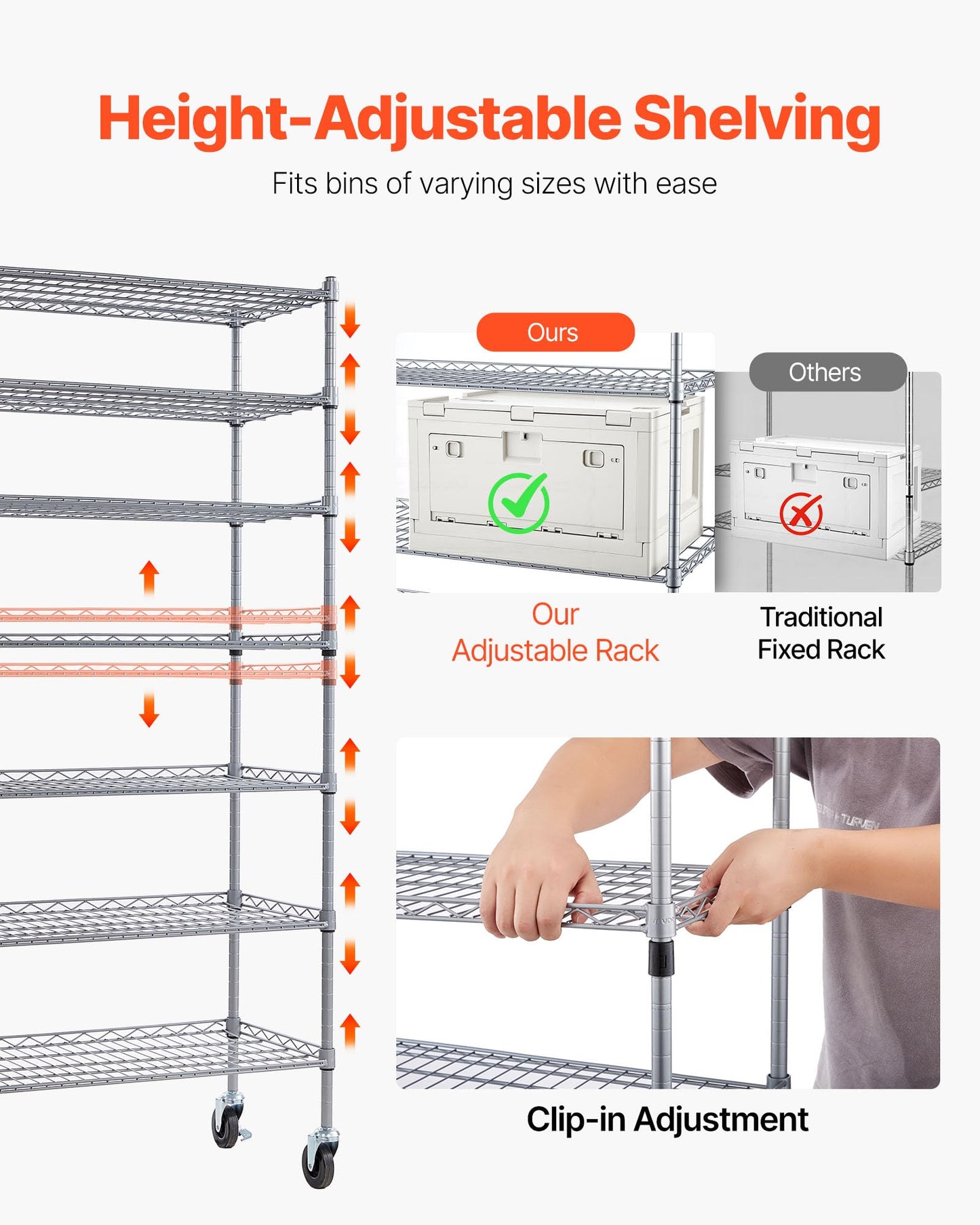 VEVOR 7-Tier Rolling Bin Storage Rack, 26 Organizer Bins, Bin Rack Storage Steel Wire Shelving System with Wheels, Mobile Tool Organizer for Garage, Warehouse, Office, Restaurant, Classroom, Kitchen