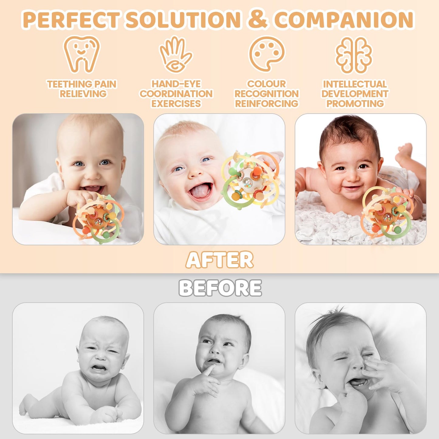 Baby Sensory Teething Toys, Baby Montessori Teether Toys for 0 3 6 9 12 18 Months, Silicone Tummy Time Toy with Rattle Ball for Newborn Infant, Learning Delopmental Gift for Boys Girls, Brown